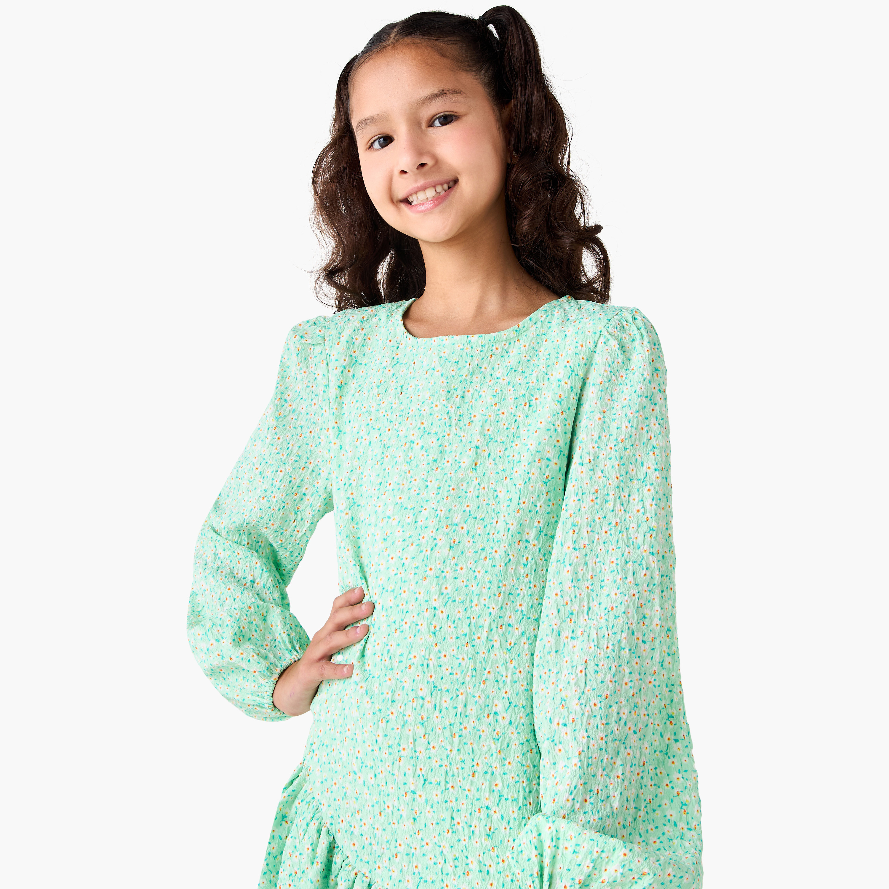 Juniors Round Neck Long Sleeves Tiered Dress with Floral Print-girls-clothing-dressesandjumpsuits-image-4