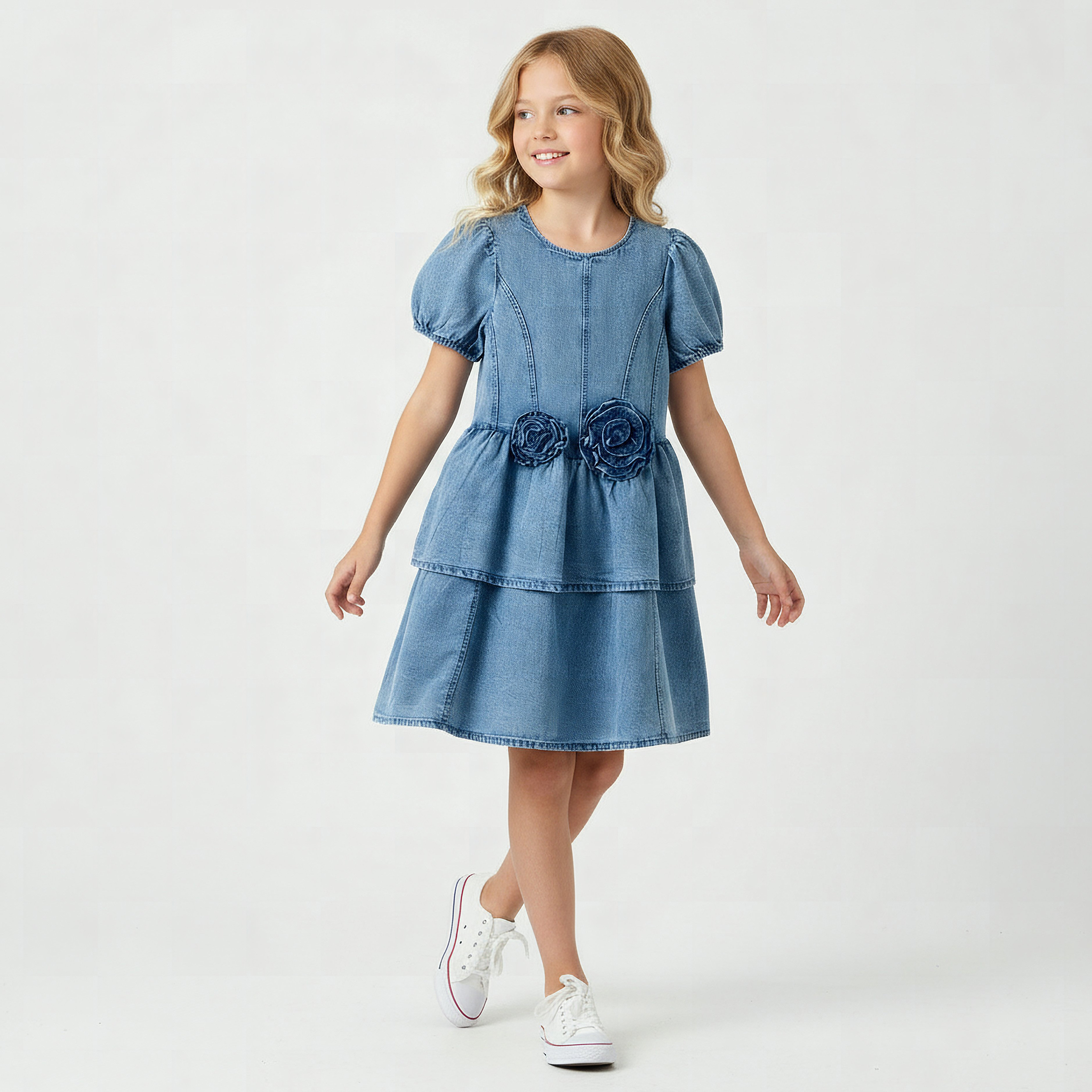 Juniors Round Neck Short Sleeve Dress with Floral Applique-girls-clothing-dressesandjumpsuits-image-1