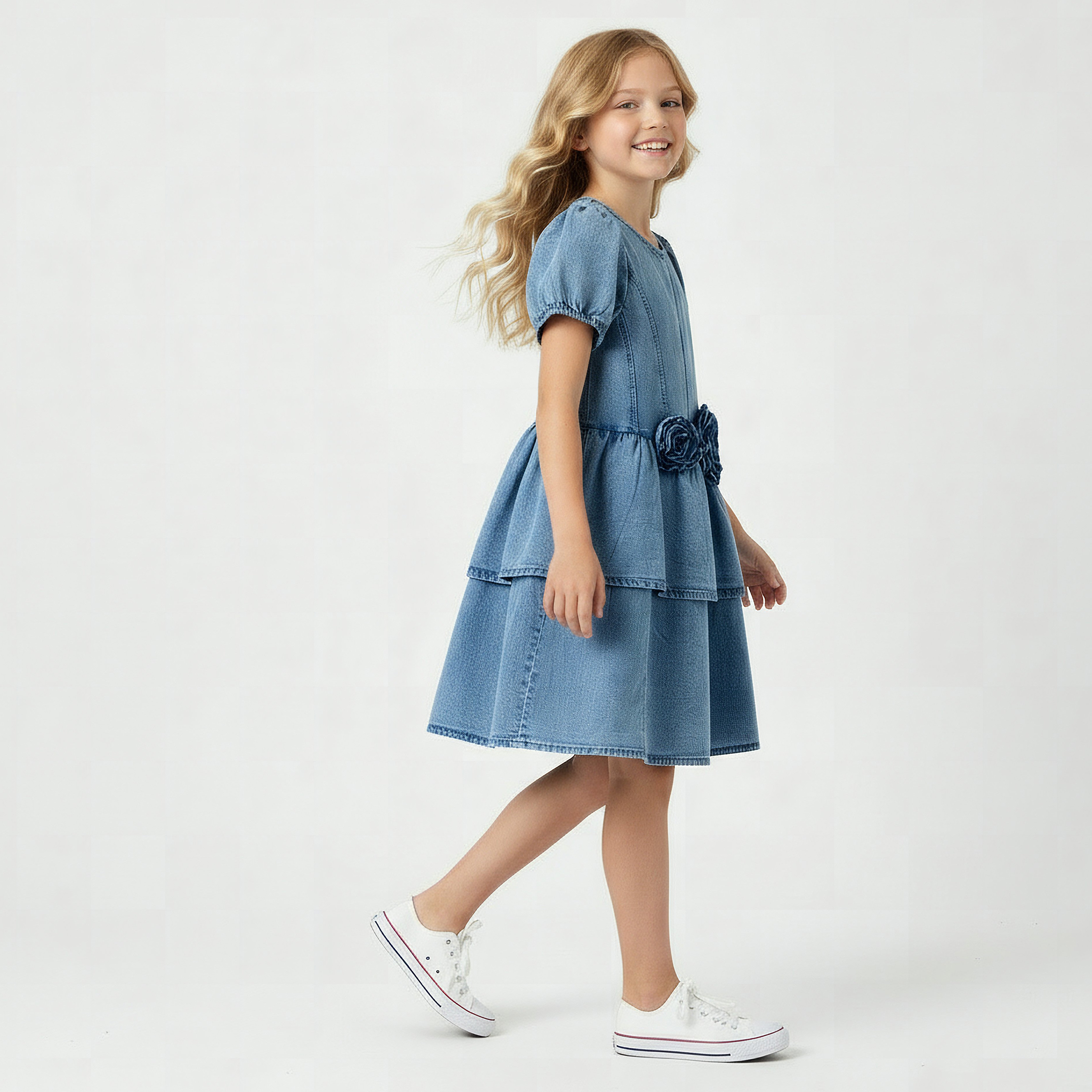 Juniors Round Neck Short Sleeve Dress with Floral Applique-girls-clothing-dressesandjumpsuits-image-3