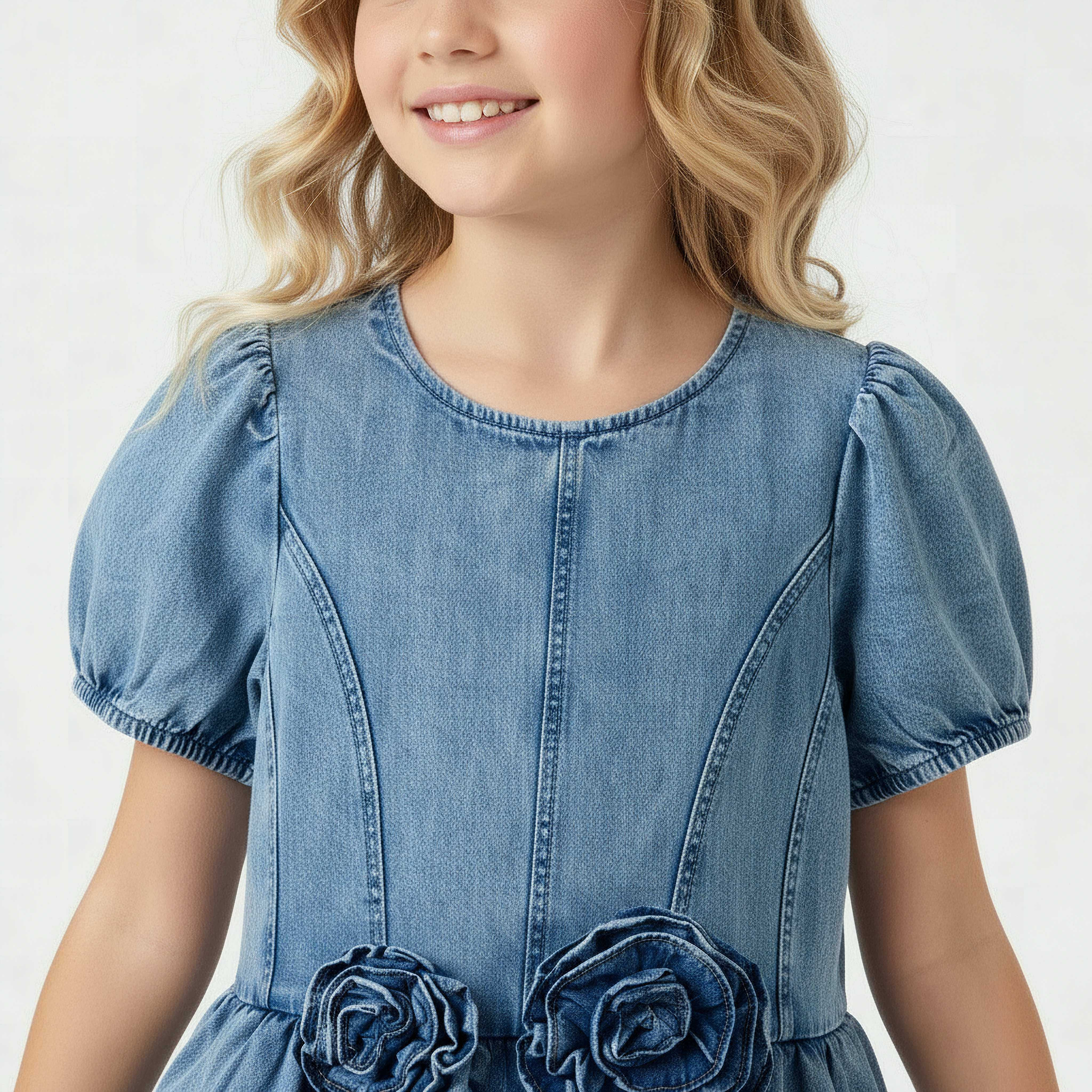 Juniors Round Neck Short Sleeve Dress with Floral Applique-girls-clothing-dressesandjumpsuits-image-4