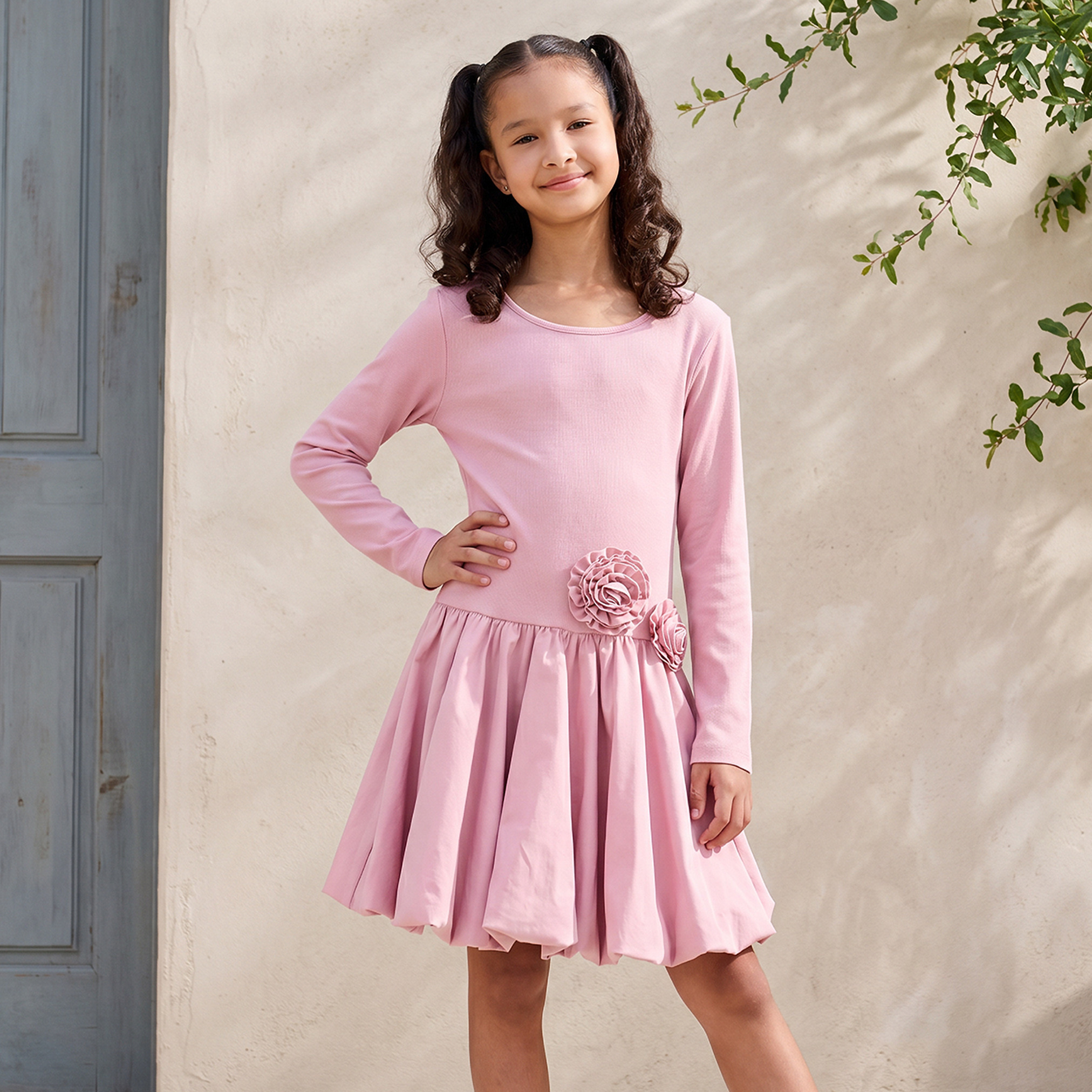 Juniors Round Neck Long Sleeves Balloon Dress with Floral Applique-girls-clothing-dressesandjumpsuits-image-1