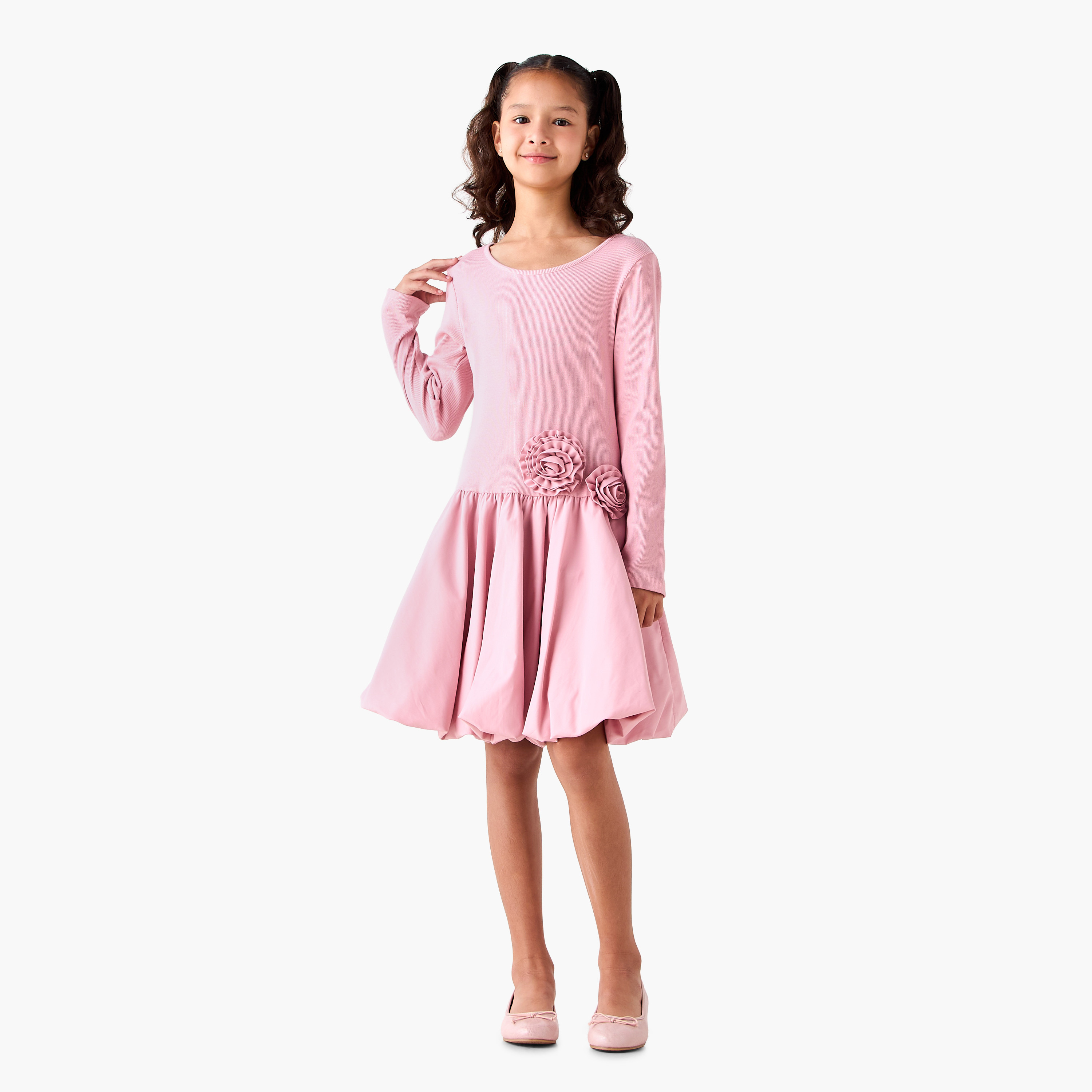 Juniors Round Neck Long Sleeves Balloon Dress with Floral Applique-girls-clothing-dressesandjumpsuits-image-2
