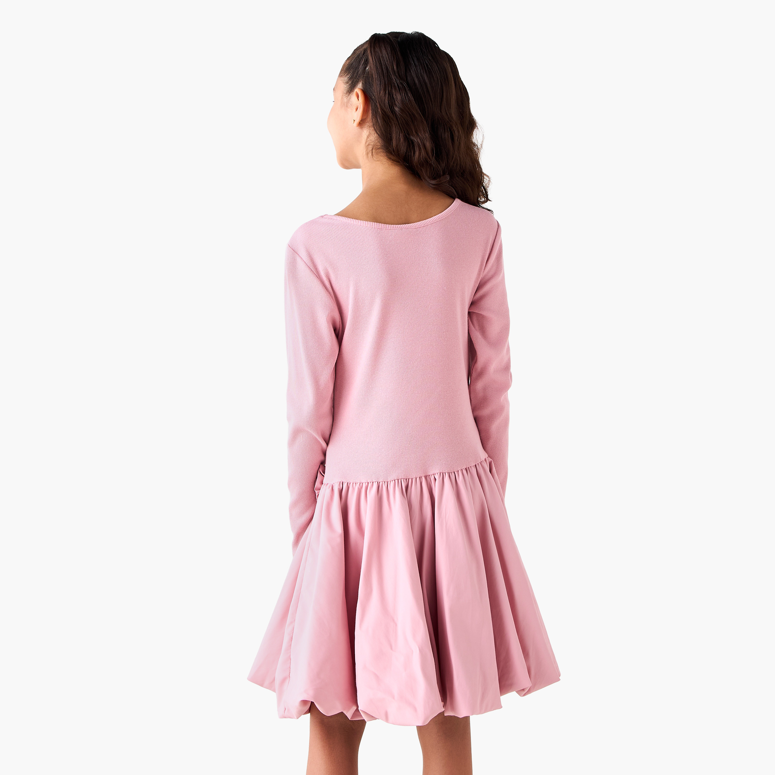 Juniors Round Neck Long Sleeves Balloon Dress with Floral Applique-girls-clothing-dressesandjumpsuits-image-3