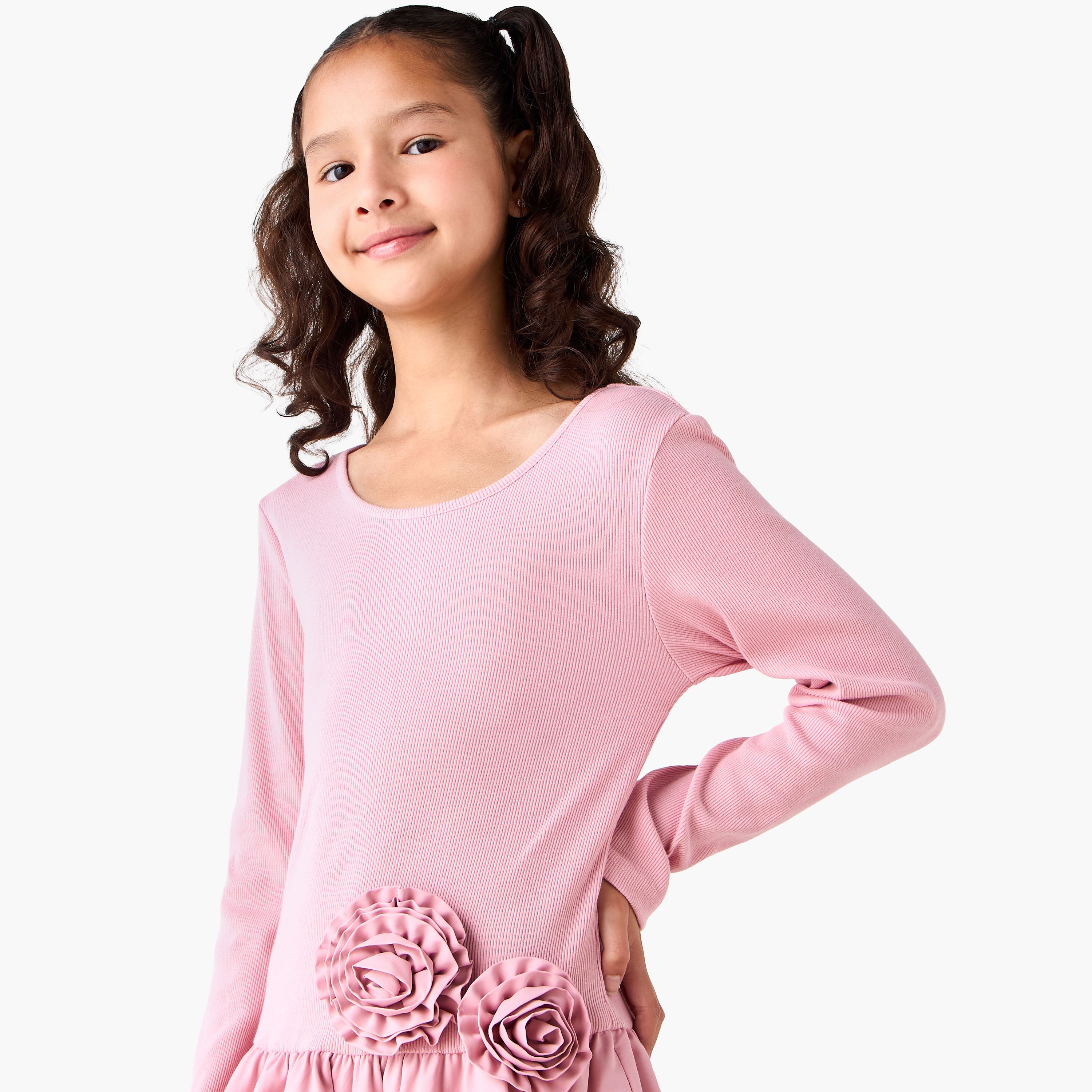 Juniors Round Neck Long Sleeves Balloon Dress with Floral Applique-girls-clothing-dressesandjumpsuits-image-4