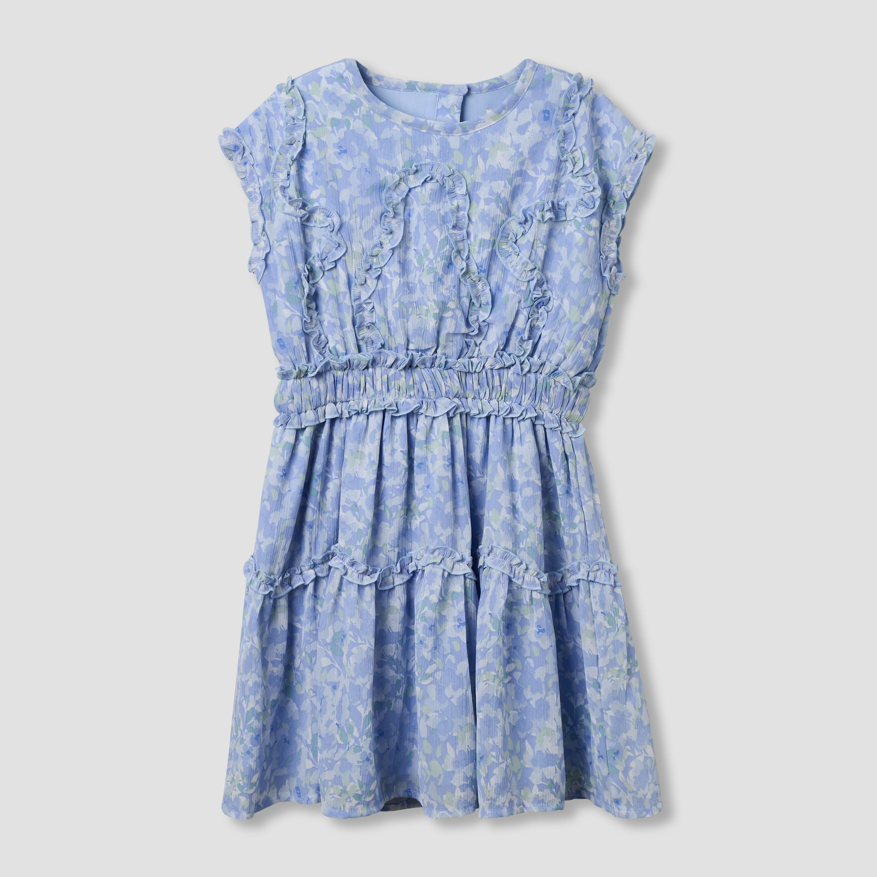 Juniors Round Neck Short Sleeves A-Line Dress with Floral Print and Ruffles-girls-clothing-dressesandjumpsuits-image-1