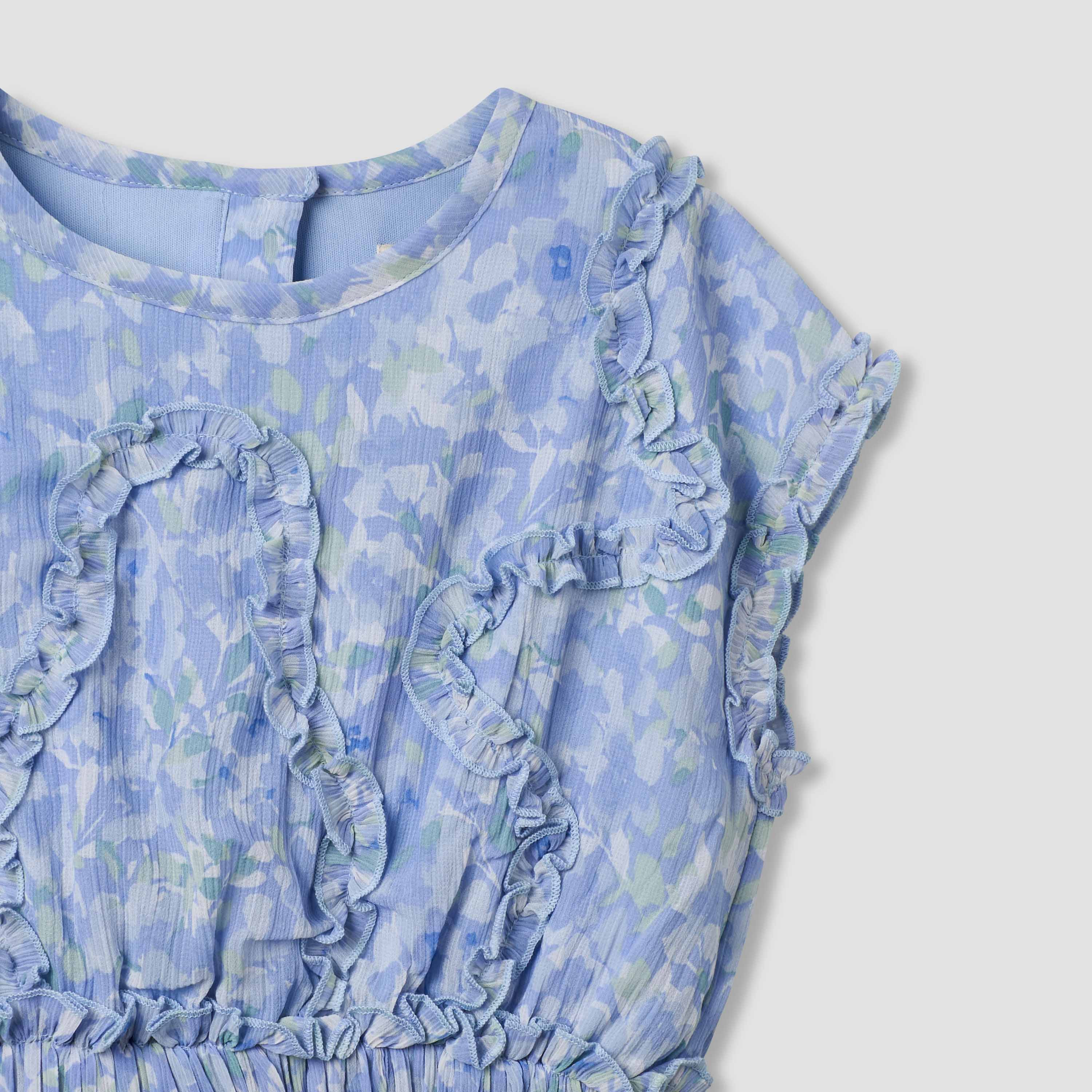 Juniors Round Neck Short Sleeves A-Line Dress with Floral Print and Ruffles-girls-clothing-dressesandjumpsuits-image-3