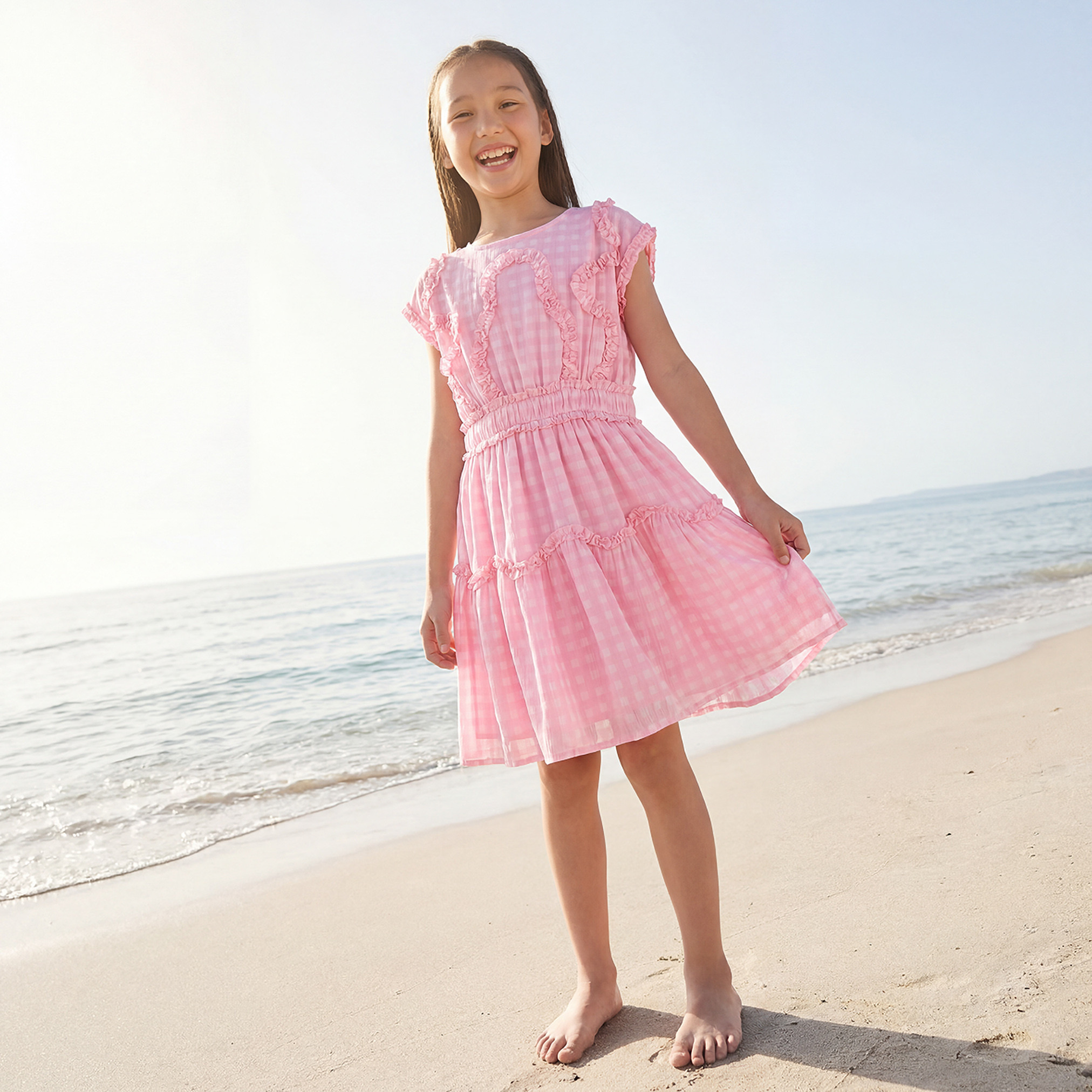 Juniors Round Neck Cap Sleeves A-line Dress with Checked Ruffle Detail-girls-clothing-dressesandjumpsuits-image-1
