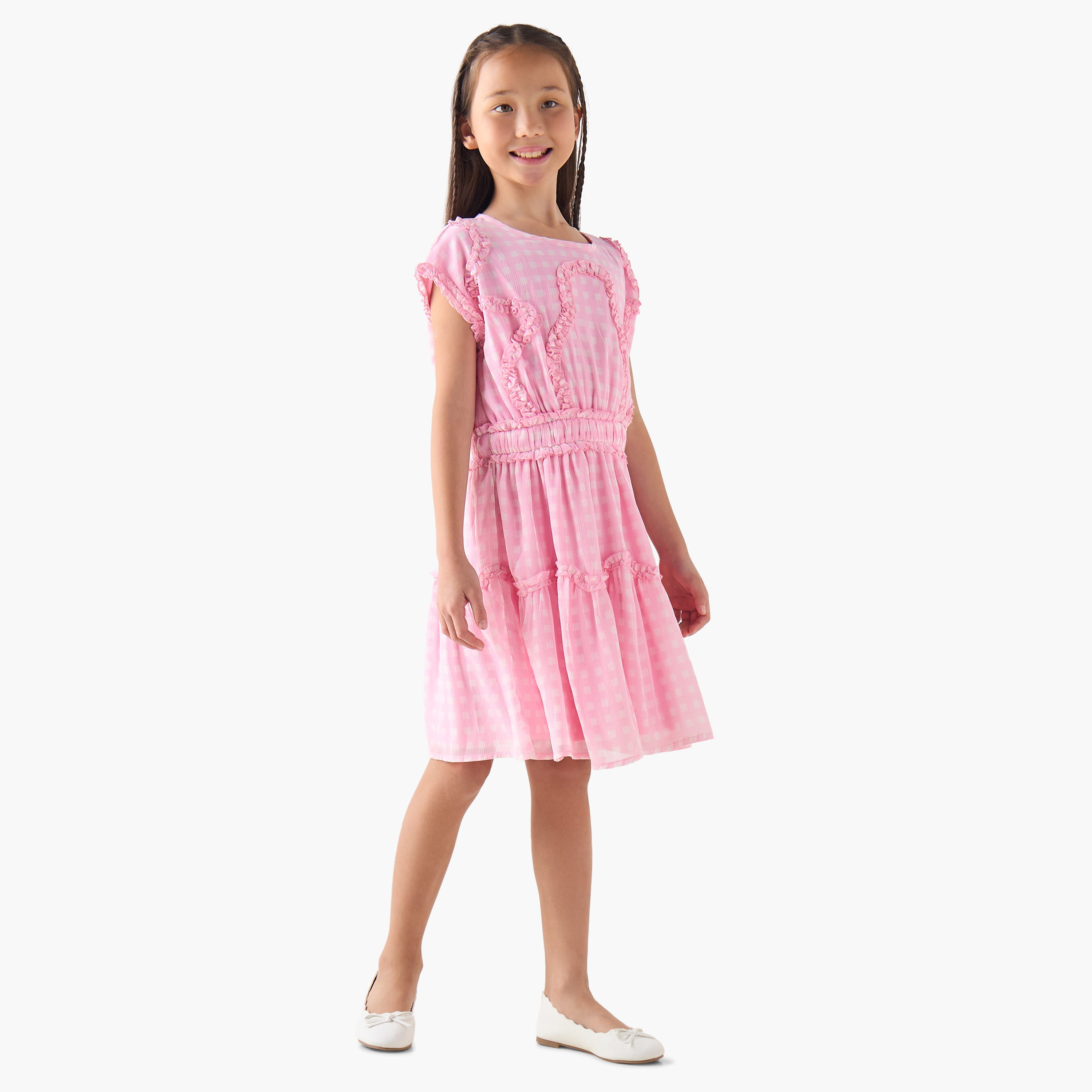 Juniors Round Neck Cap Sleeves A-line Dress with Checked Ruffle Detail-girls-clothing-dressesandjumpsuits-image-2
