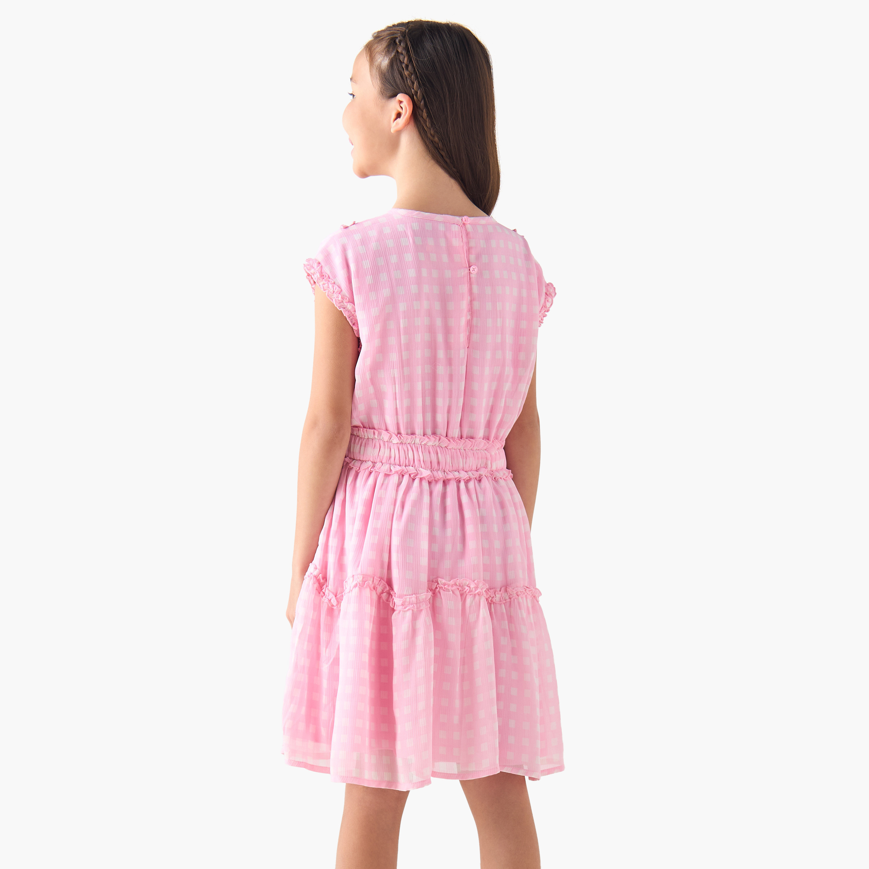 Juniors Round Neck Cap Sleeves A-line Dress with Checked Ruffle Detail-girls-clothing-dressesandjumpsuits-image-3
