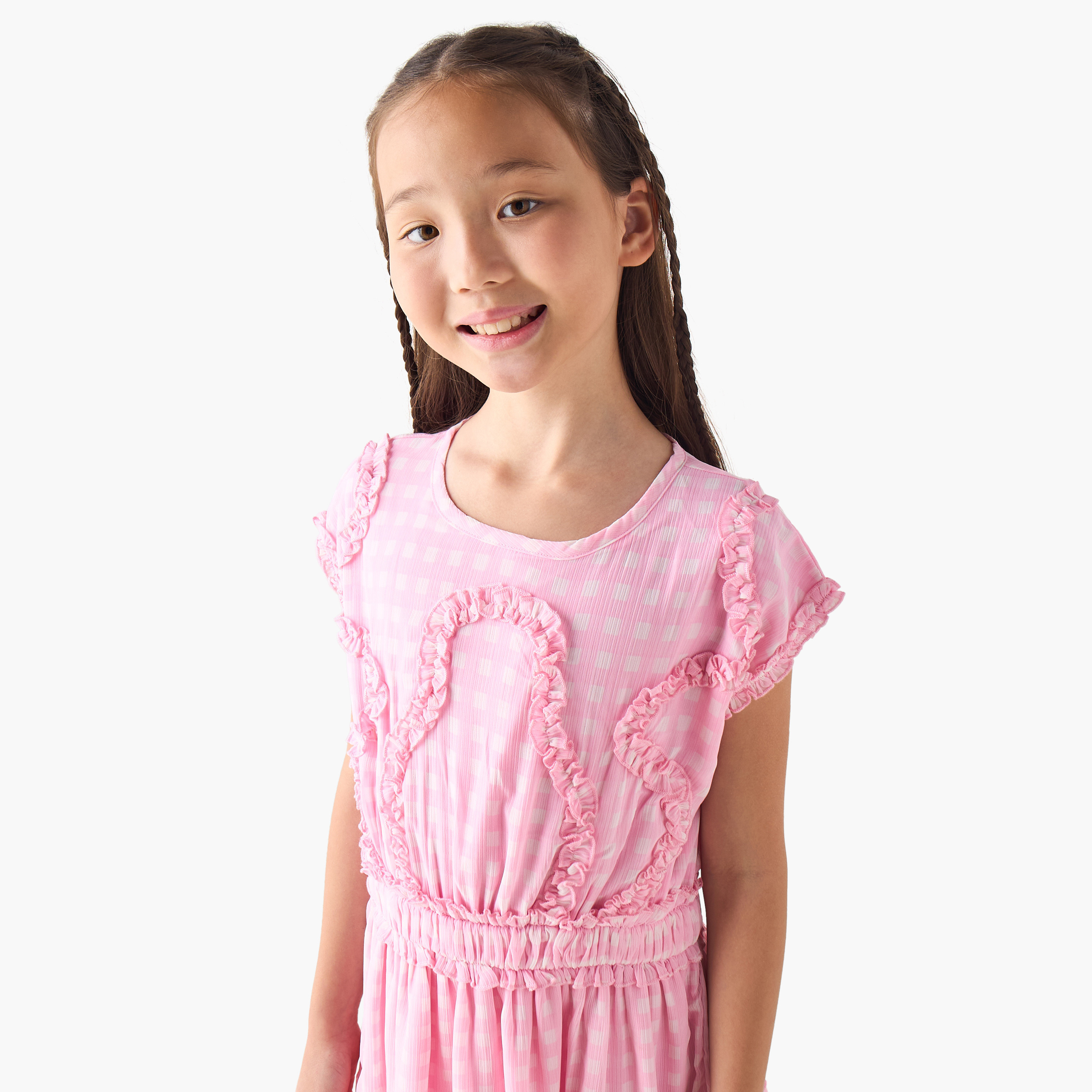Juniors Round Neck Cap Sleeves A-line Dress with Checked Ruffle Detail-girls-clothing-dressesandjumpsuits-image-4