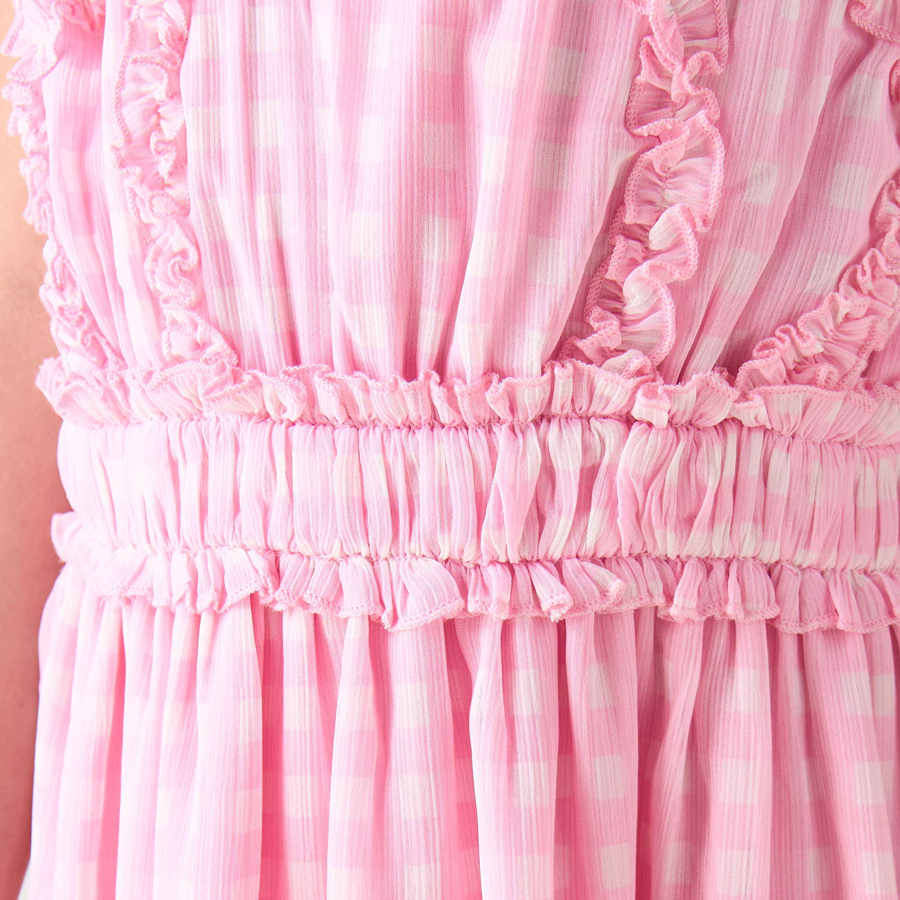 Juniors Round Neck Cap Sleeves A-line Dress with Checked Ruffle Detail-girls-clothing-dressesandjumpsuits-image-5