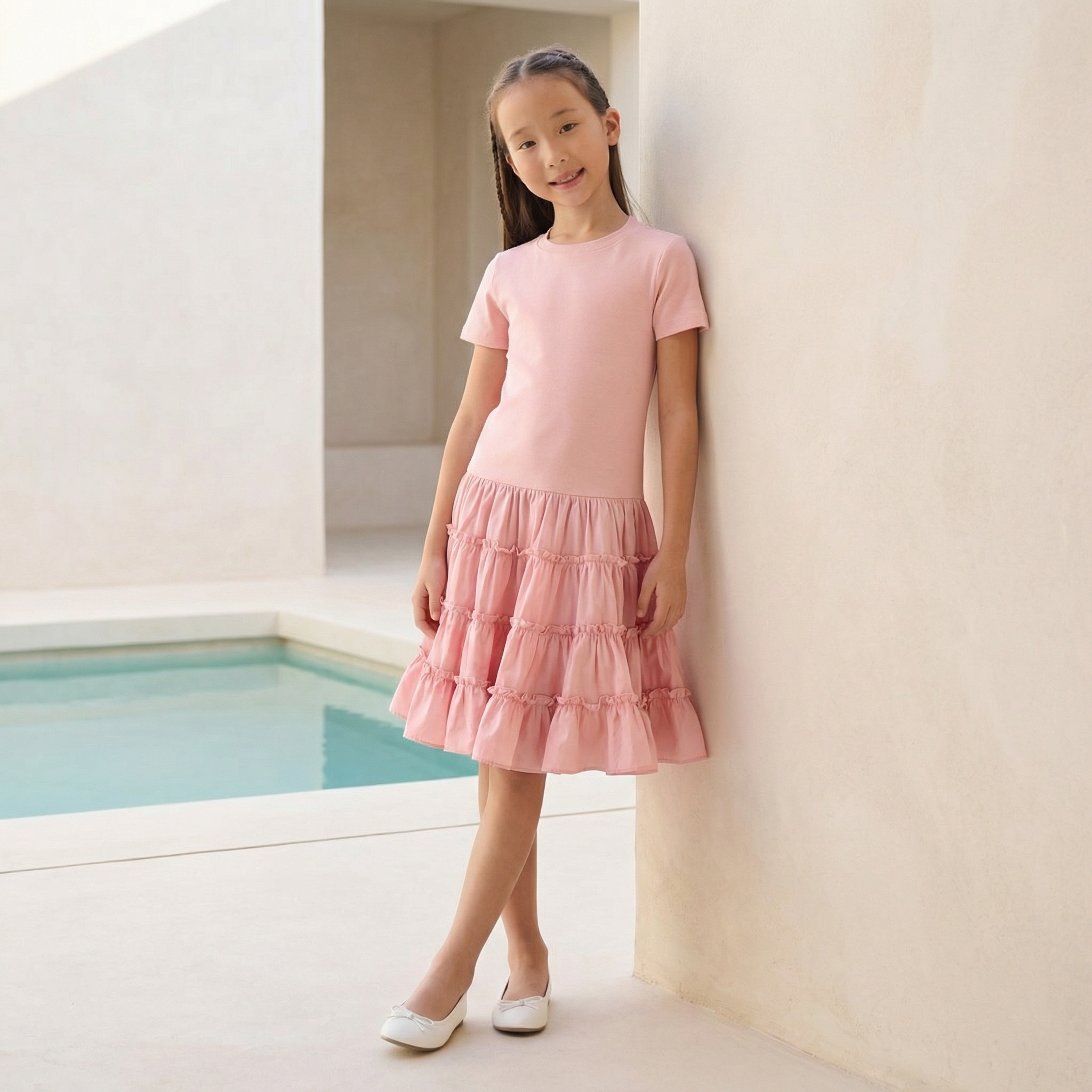 Juniors Round Neck Short Sleeves A-line Dress with Ruffle Detail-girls-clothing-dressesandjumpsuits-image-1