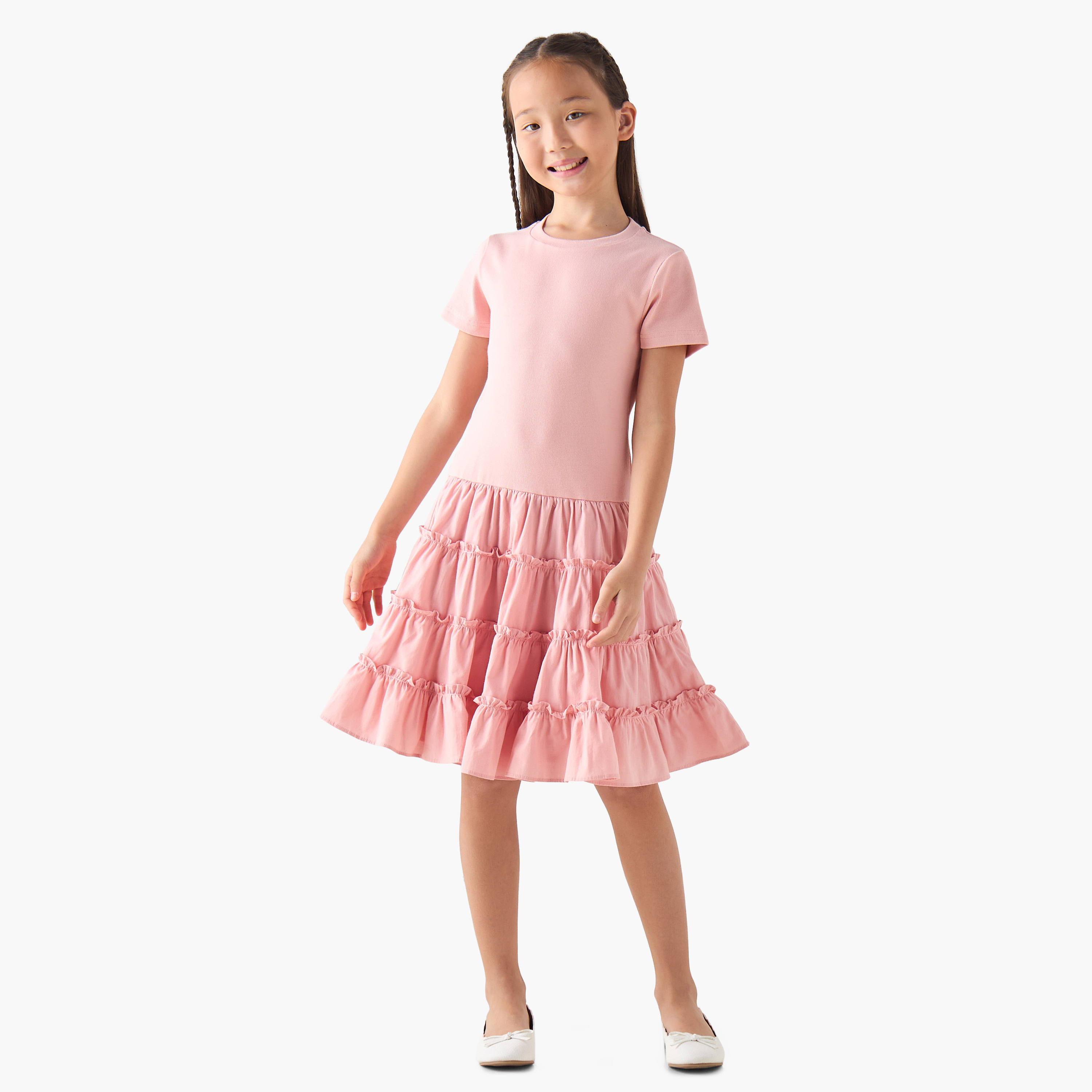 Juniors Round Neck Short Sleeves A-line Dress with Ruffle Detail-girls-clothing-dressesandjumpsuits-image-2