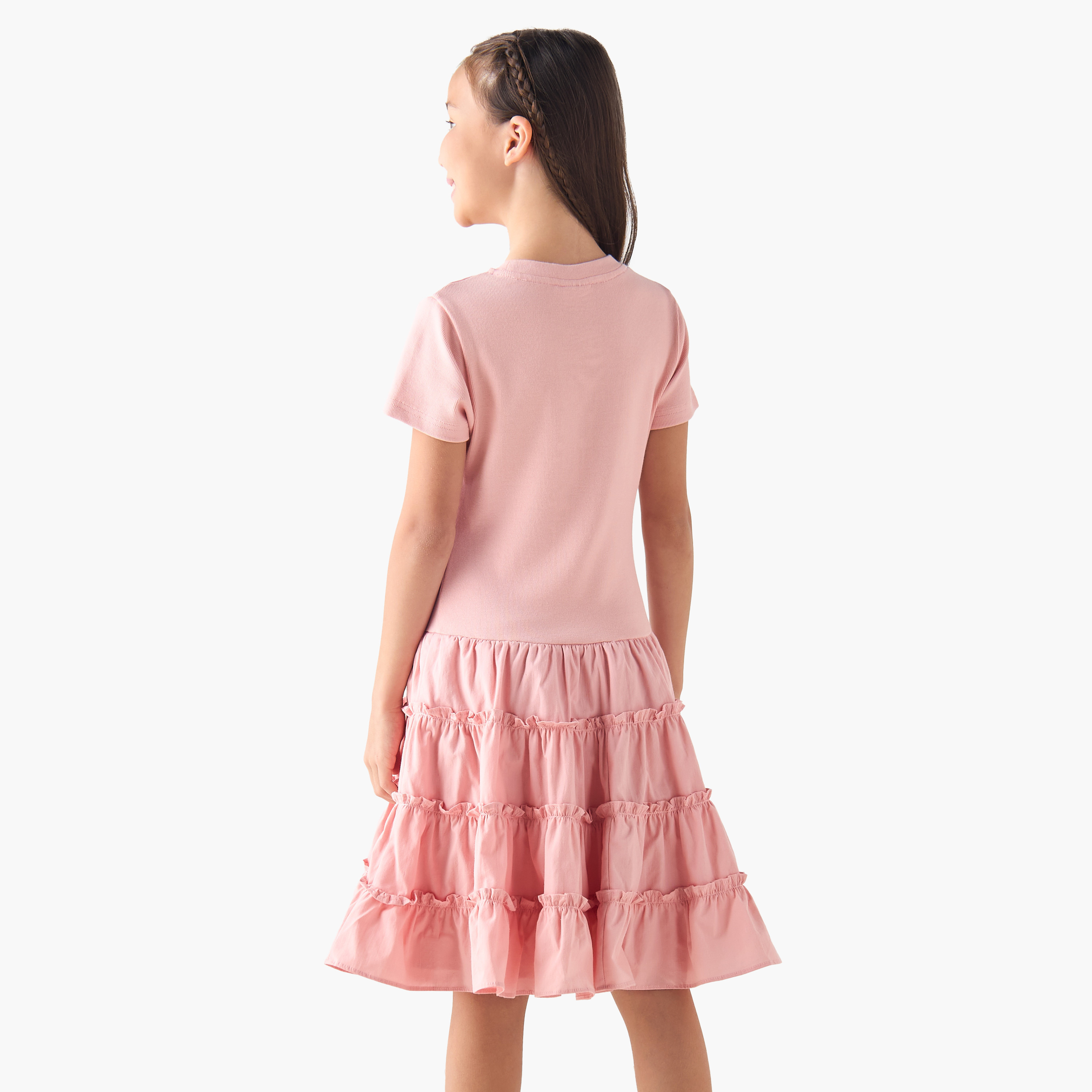 Juniors Round Neck Short Sleeves A-line Dress with Ruffle Detail-girls-clothing-dressesandjumpsuits-image-3