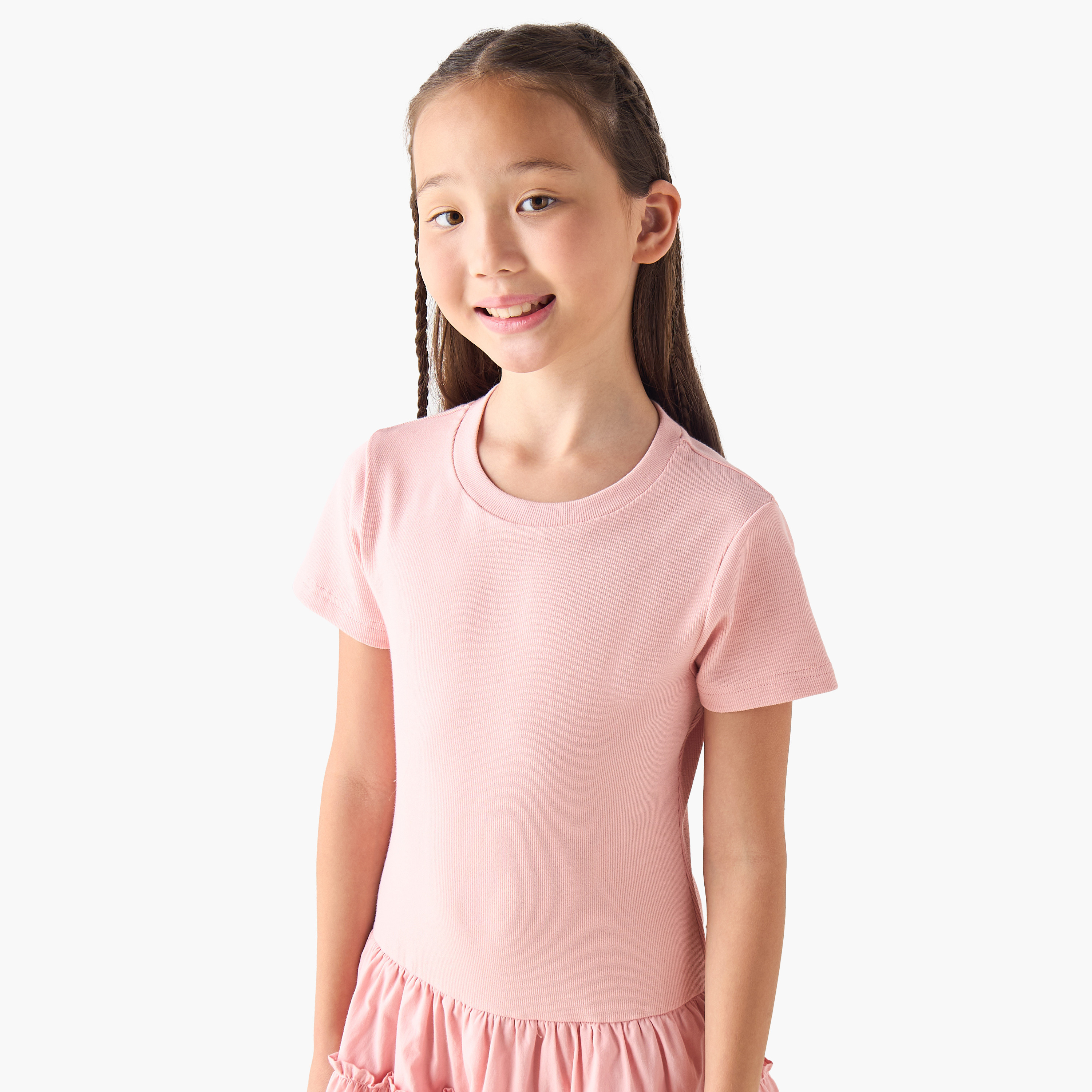 Juniors Round Neck Short Sleeves A-line Dress with Ruffle Detail-girls-clothing-dressesandjumpsuits-image-4