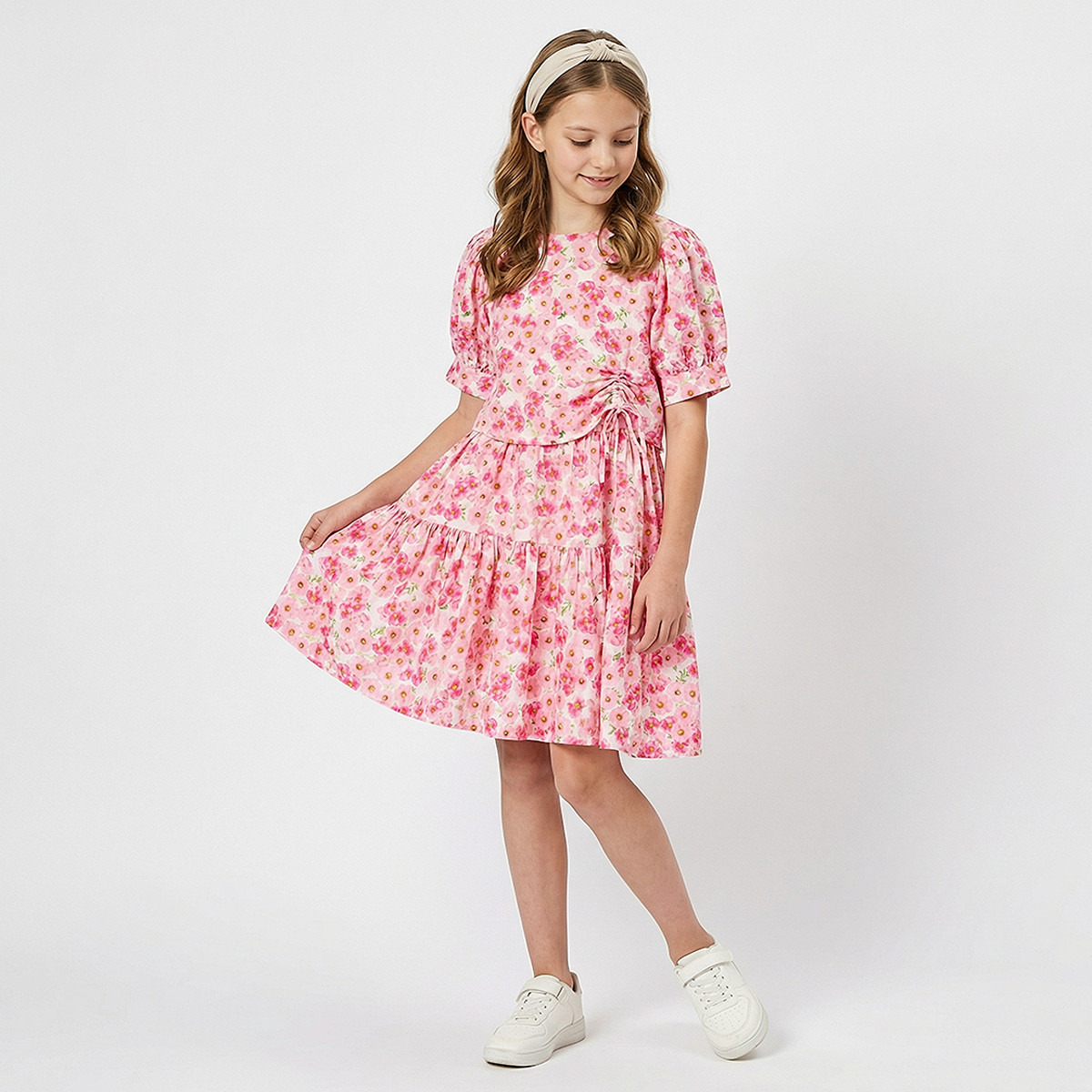 Juniors Round Neck Short Sleeves Knee Length Tiered Dress with Floral Print-girls-clothing-dressesandjumpsuits-image-1