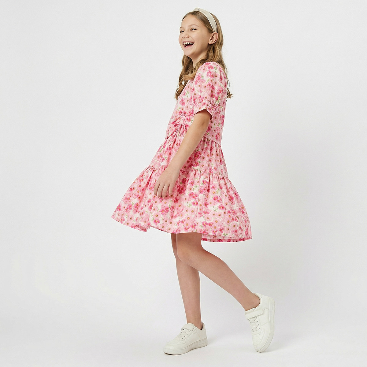 Juniors Round Neck Short Sleeves Knee Length Tiered Dress with Floral Print-girls-clothing-dressesandjumpsuits-image-2