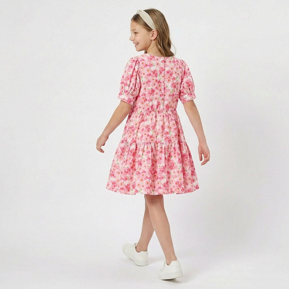 Juniors Round Neck Short Sleeves Knee Length Tiered Dress with Floral Print-girls-clothing-dressesandjumpsuits-image-3