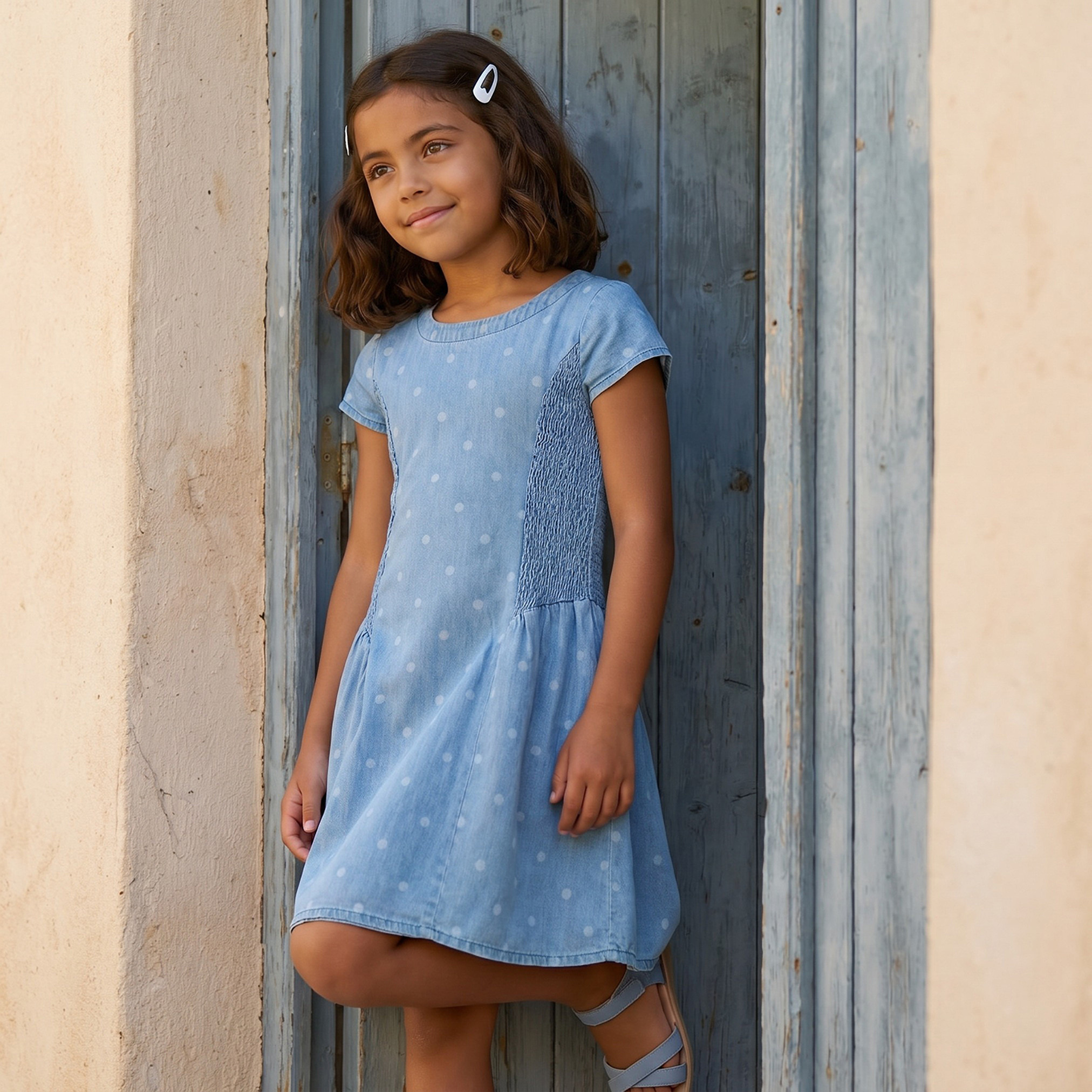 Juniors Round Neck Cap Sleeves Knee Length Denim Dress with Polka Dot Print-girls-clothing-dressesandjumpsuits-image-1