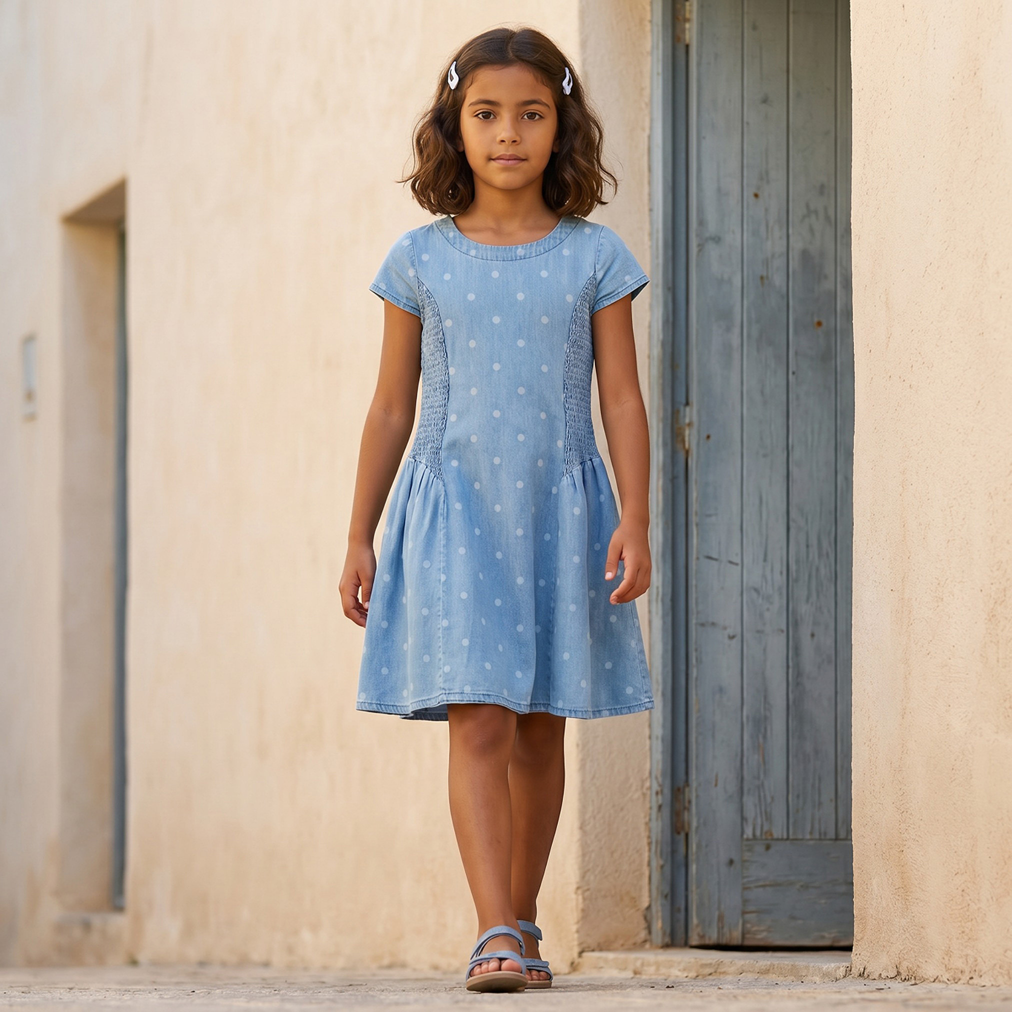 Juniors Round Neck Cap Sleeves Knee Length Denim Dress with Polka Dot Print-girls-clothing-dressesandjumpsuits-image-2