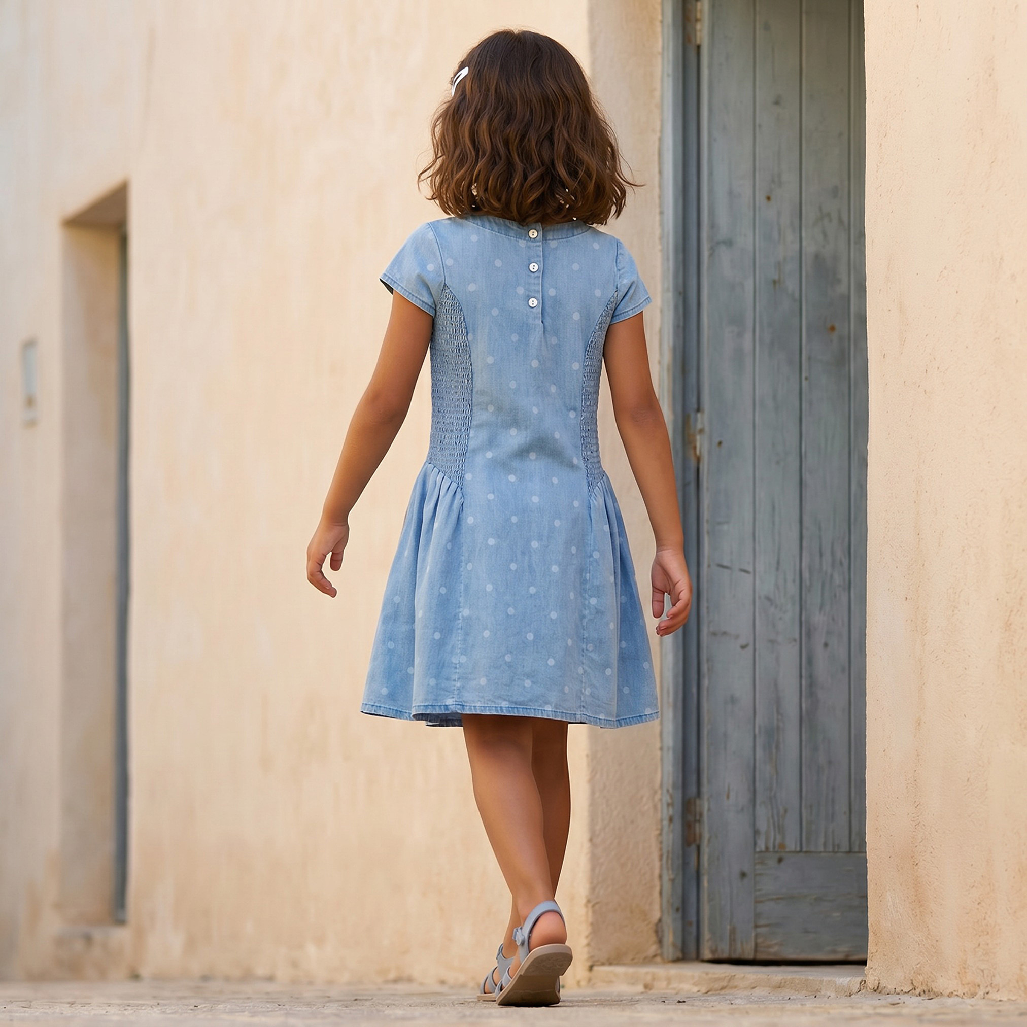 Juniors Round Neck Cap Sleeves Knee Length Denim Dress with Polka Dot Print-girls-clothing-dressesandjumpsuits-image-3