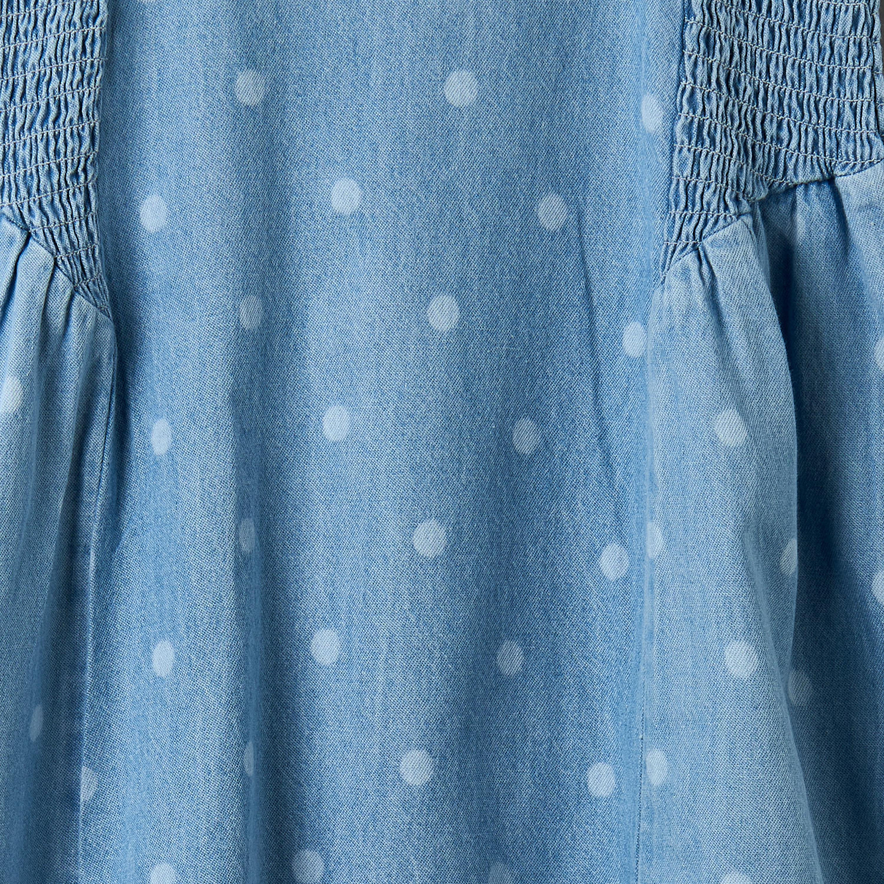 Juniors Round Neck Cap Sleeves Knee Length Denim Dress with Polka Dot Print-girls-clothing-dressesandjumpsuits-image-4