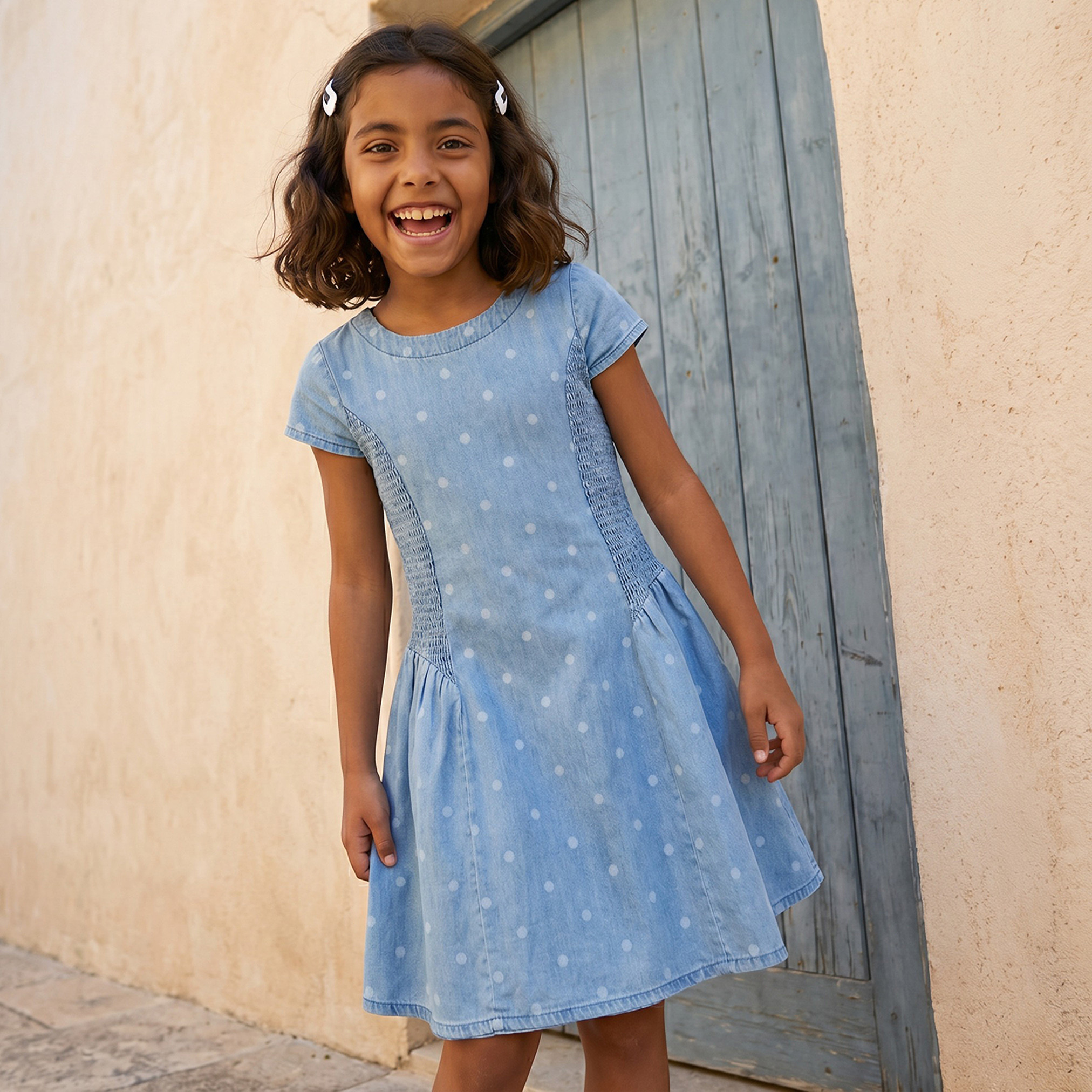 Juniors Round Neck Cap Sleeves Knee Length Denim Dress with Polka Dot Print-girls-clothing-dressesandjumpsuits-image-5