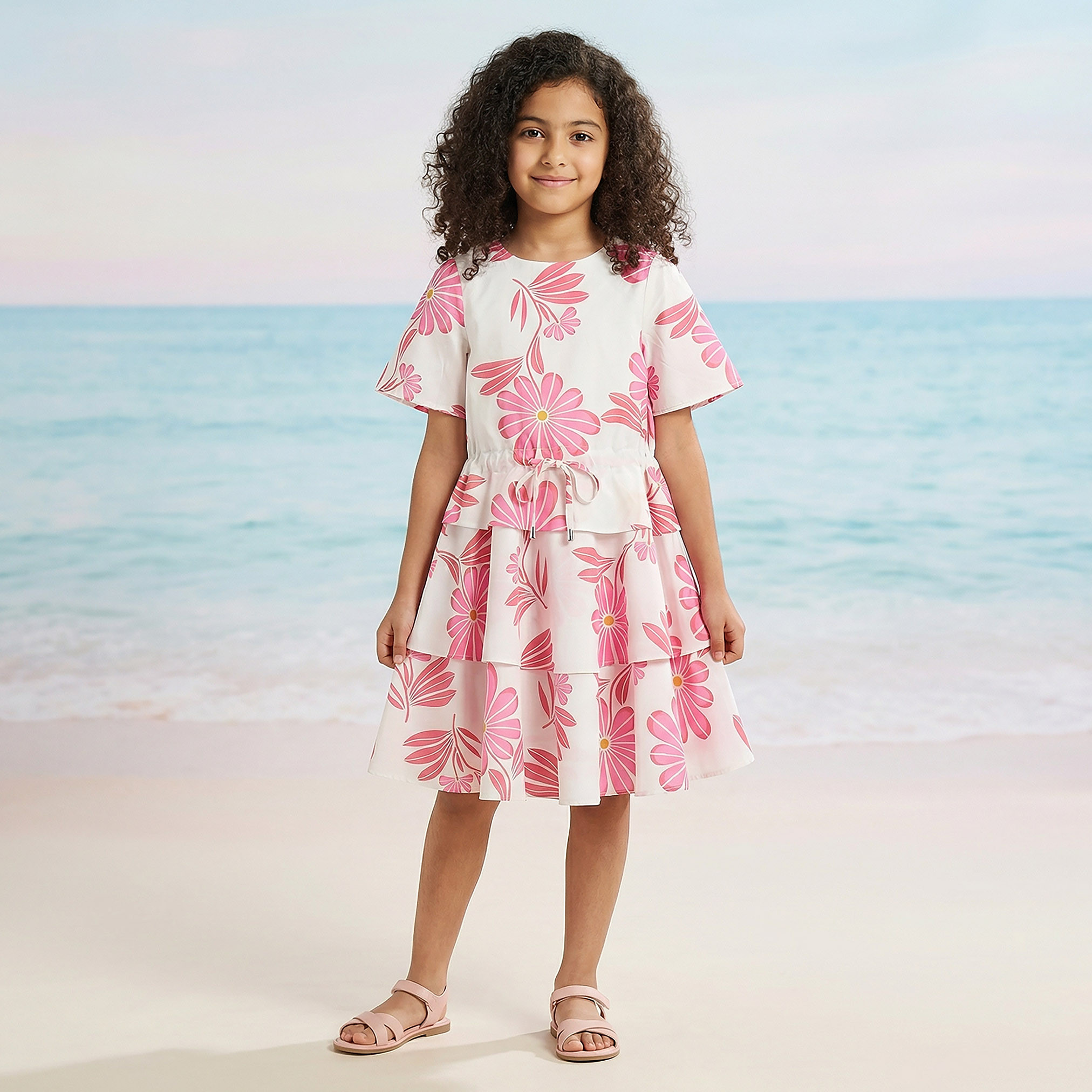 فستان طبقات بطول الركبة وبأكمام قصيرة ورقبة مستديرة وطبعات من جونيورز-girls-clothing-dressesandjumpsuits-image-1