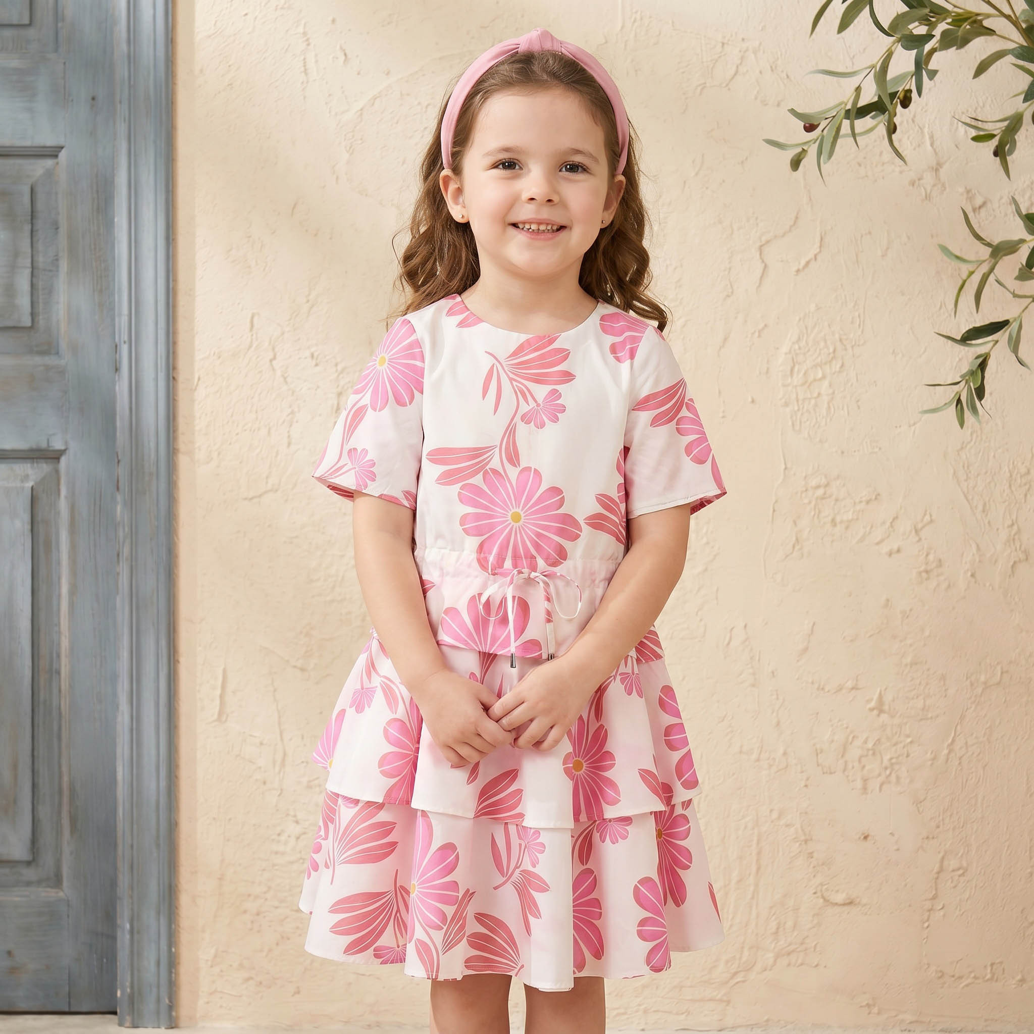 Juniors Round Neck Short Sleeves Knee Length Tiered Dress with Floral Print-girls-clothing-dressesandjumpsuits-image-6