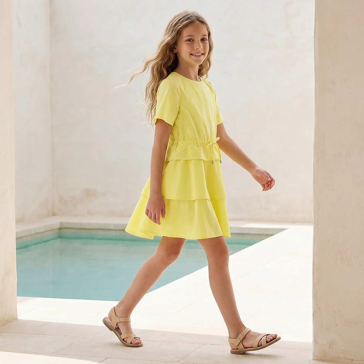 Juniors Round Neck Short Sleeves Dress with Tiered Design-girls-clothing-dressesandjumpsuits-image-2