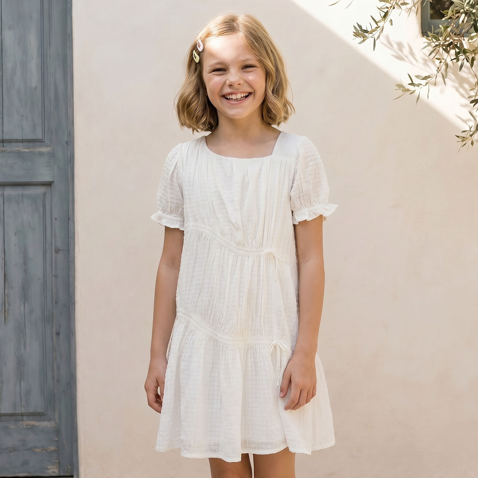 Juniors Asymmetric Neck Short Sleeves Knee Length Dress with Texture-girls-clothing-dressesandjumpsuits-image-1