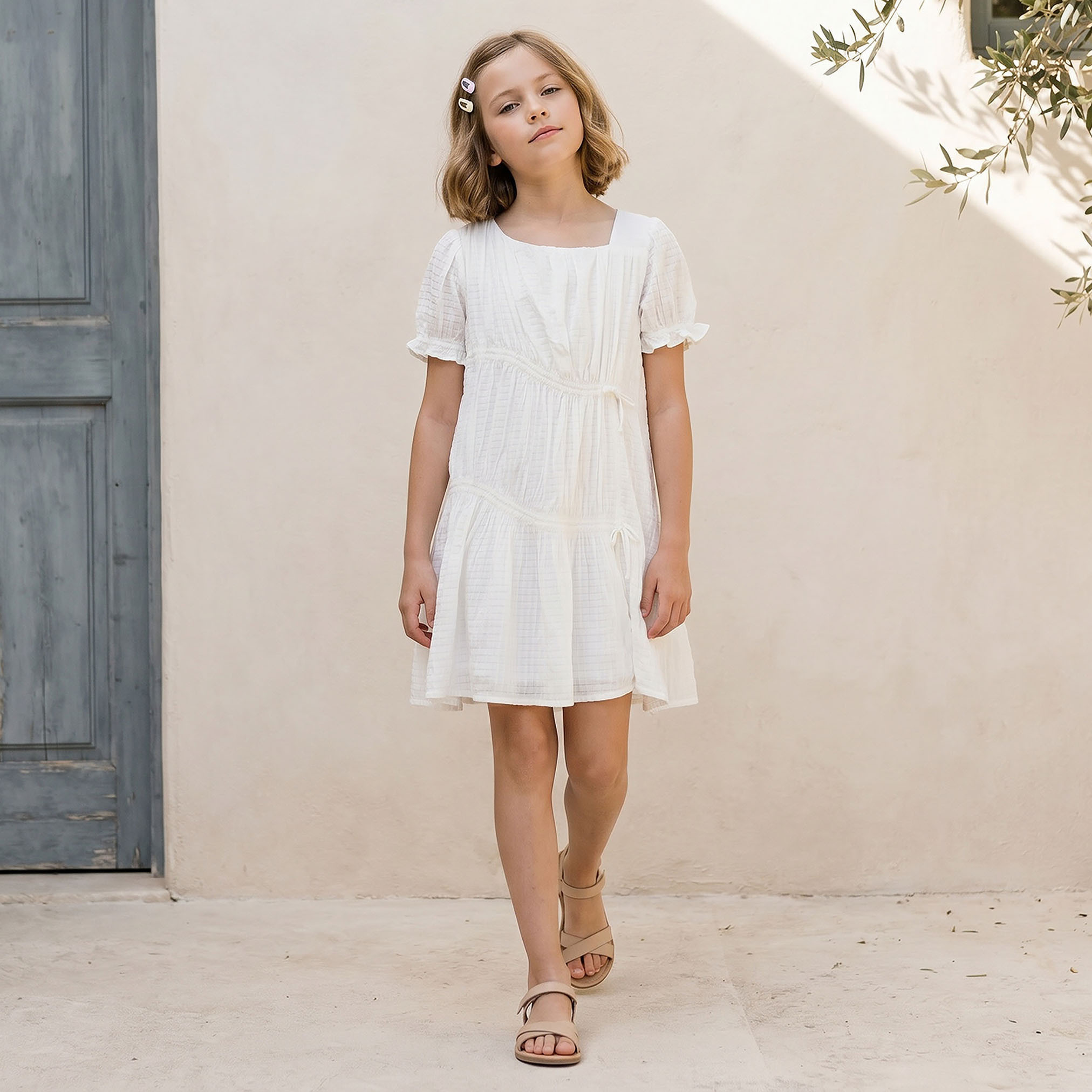 Juniors Asymmetric Neck Short Sleeves Knee Length Dress with Texture-girls-clothing-dressesandjumpsuits-image-2