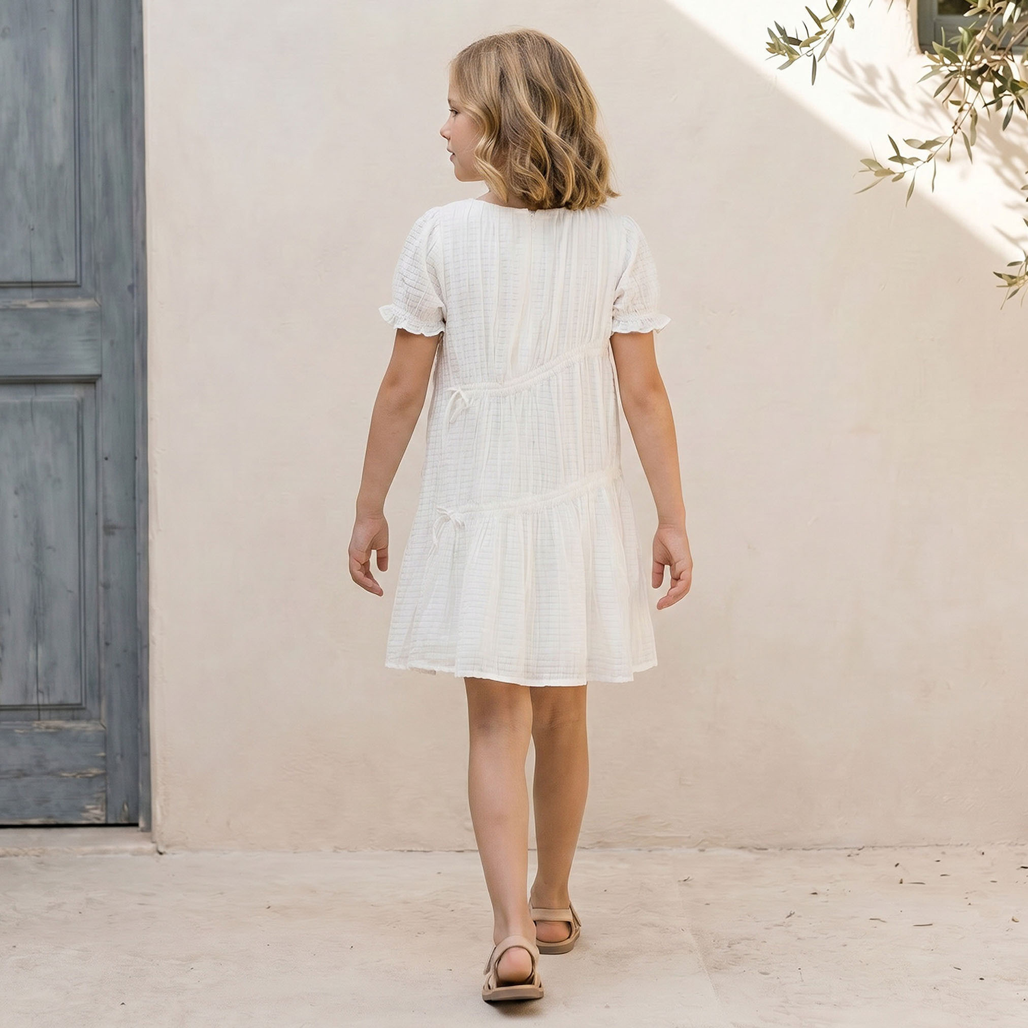 Juniors Asymmetric Neck Short Sleeves Knee Length Dress with Texture-girls-clothing-dressesandjumpsuits-image-3