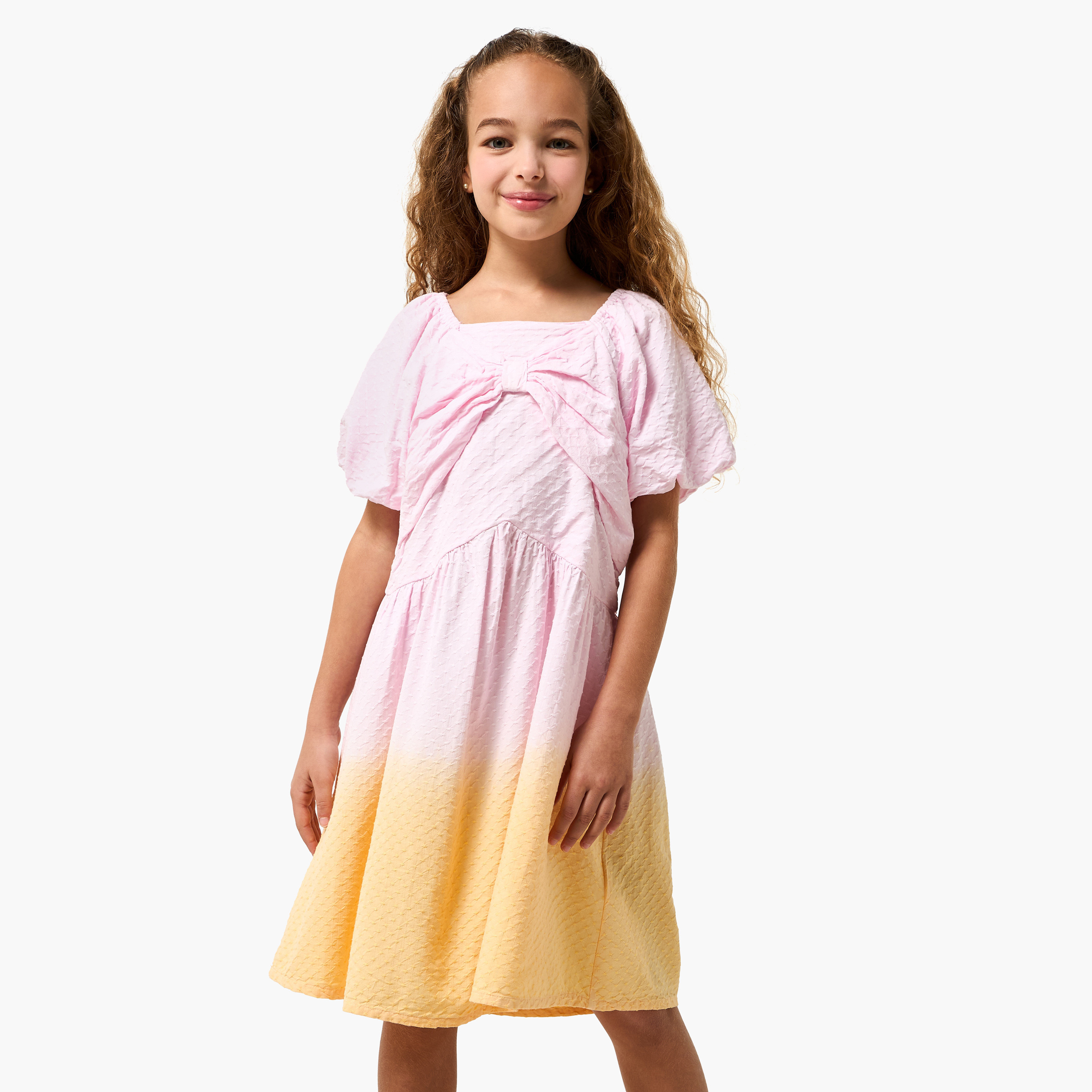 Juniors Square Neck Short Sleeves Knee Length A-line Dress with Ombre Design-girls-clothing-dressesandjumpsuits-image-1