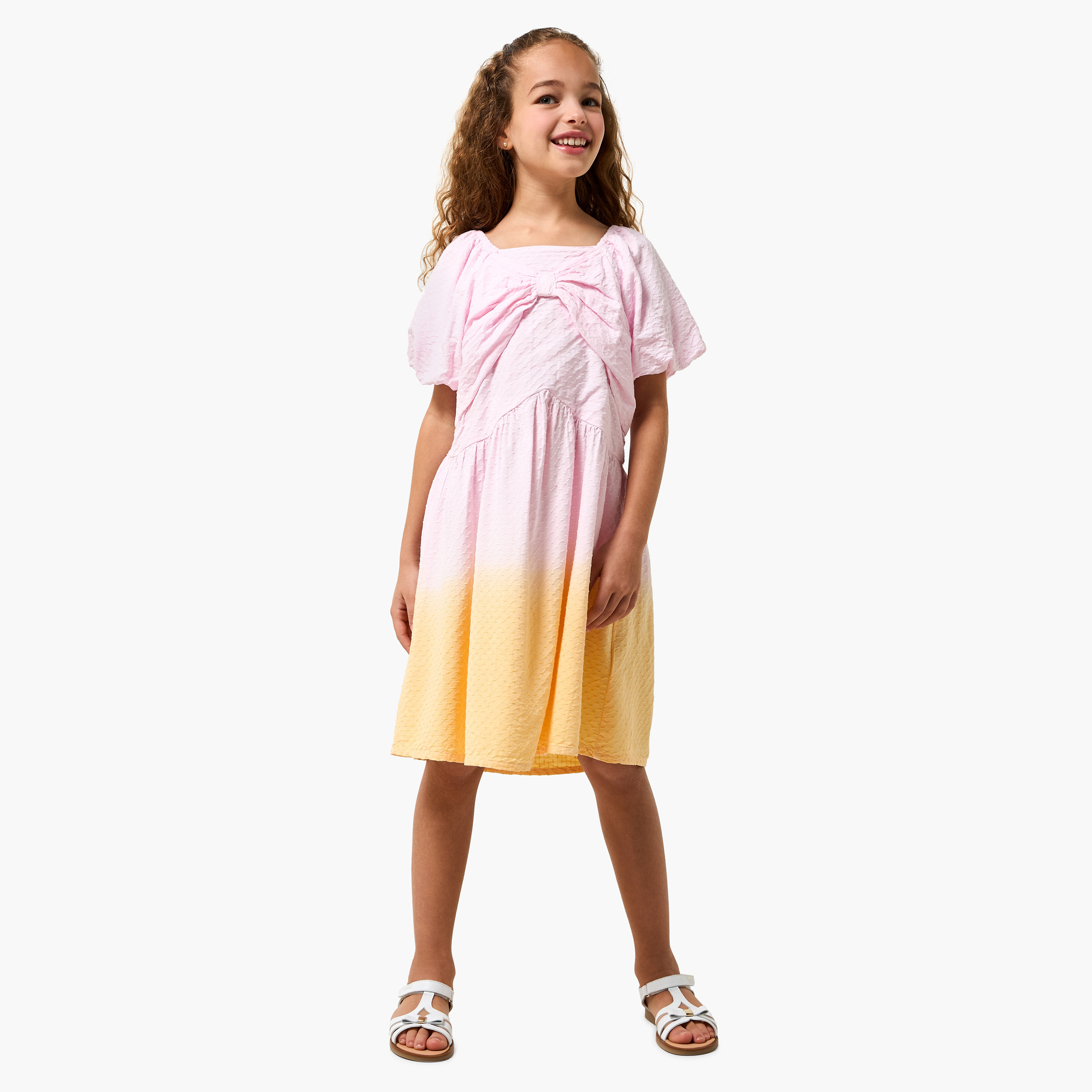 Juniors Square Neck Short Sleeves Knee Length A-line Dress with Ombre Design-girls-clothing-dressesandjumpsuits-image-2