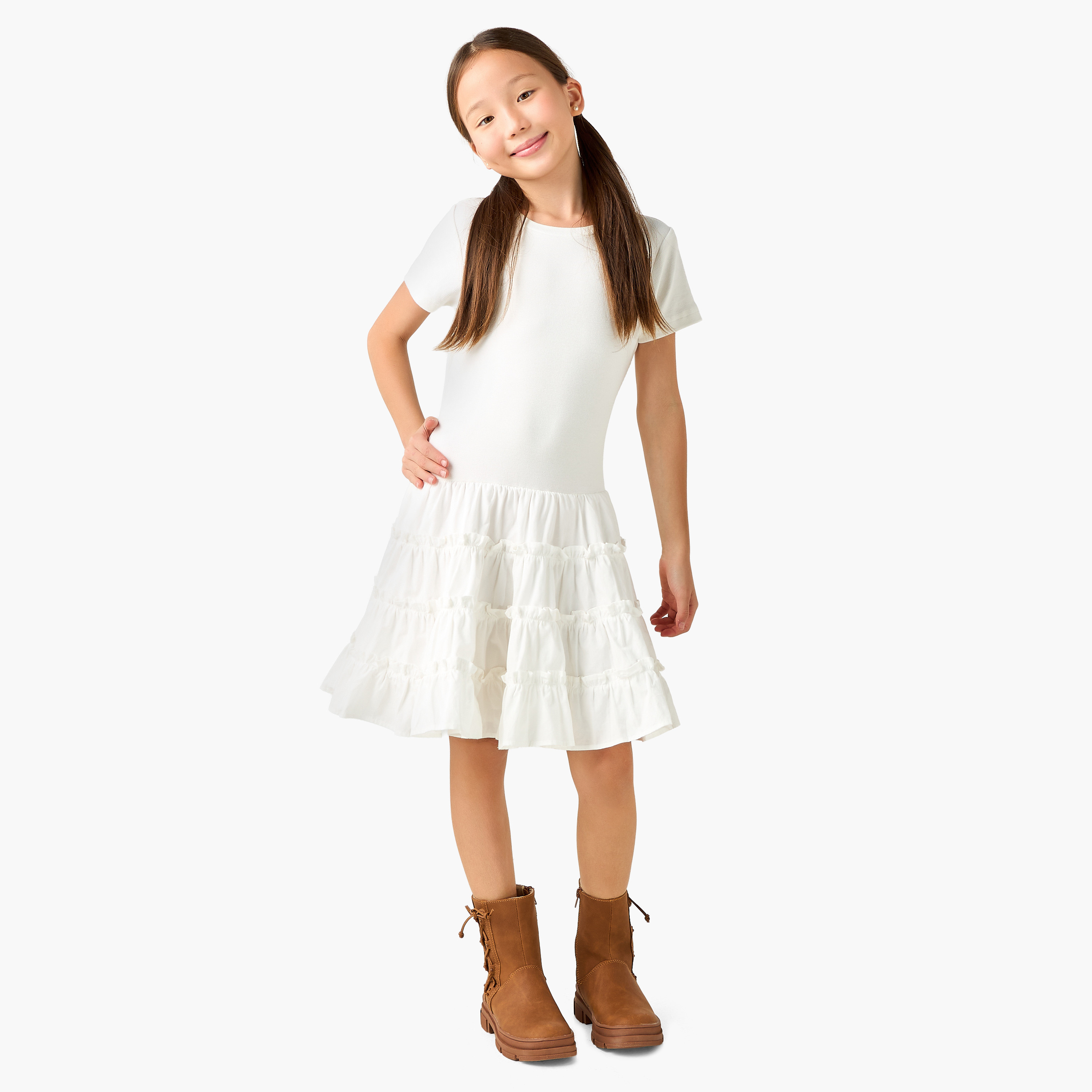 Juniors Round Neck Short Sleeves Tiered Dress with Ruffle Detail-girls-clothing-dressesandjumpsuits-image-1