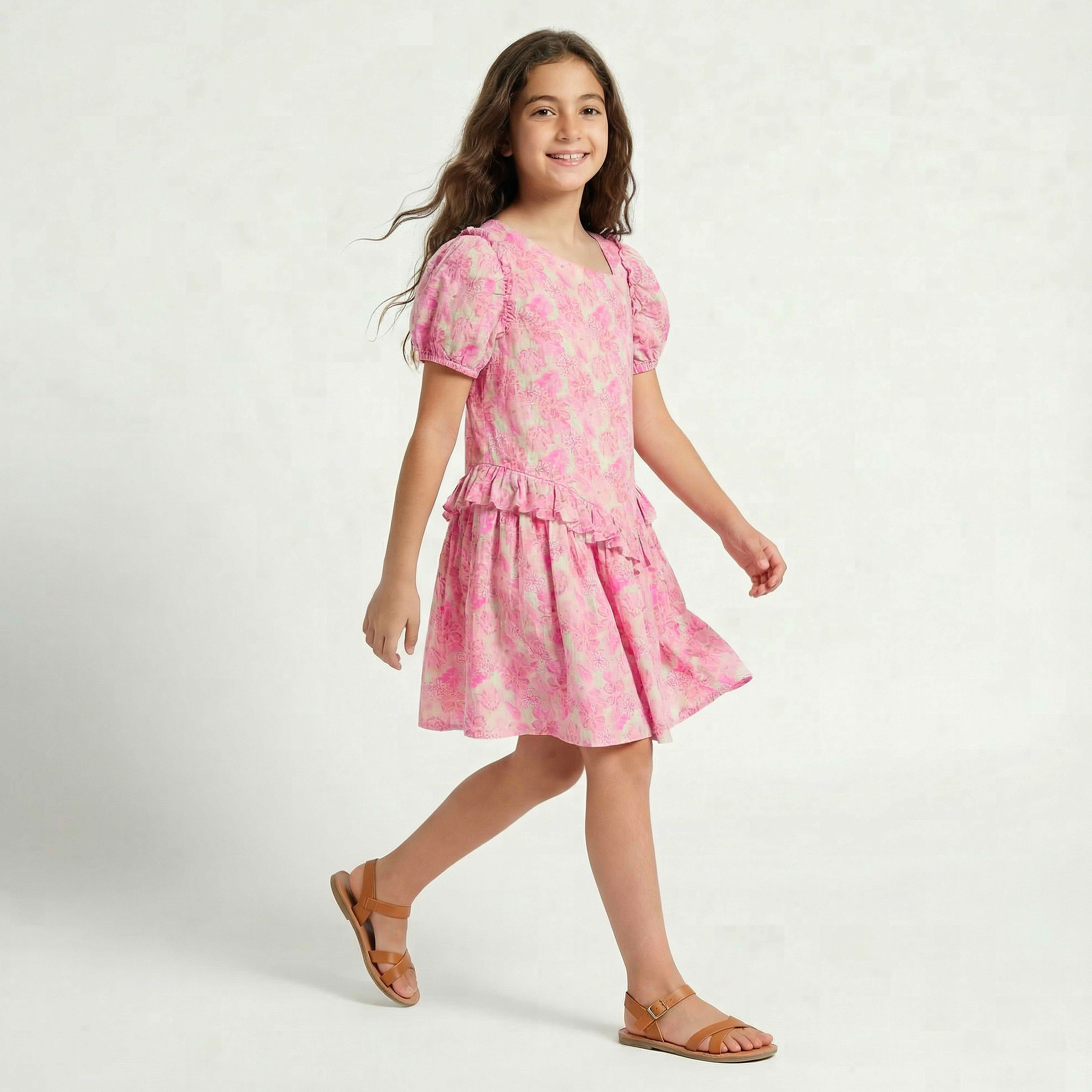 Juniors V- Neck Short Sleeves Dropwaist Dress with Floral Print and Ruffles-girls-clothing-dressesandjumpsuits-image-2