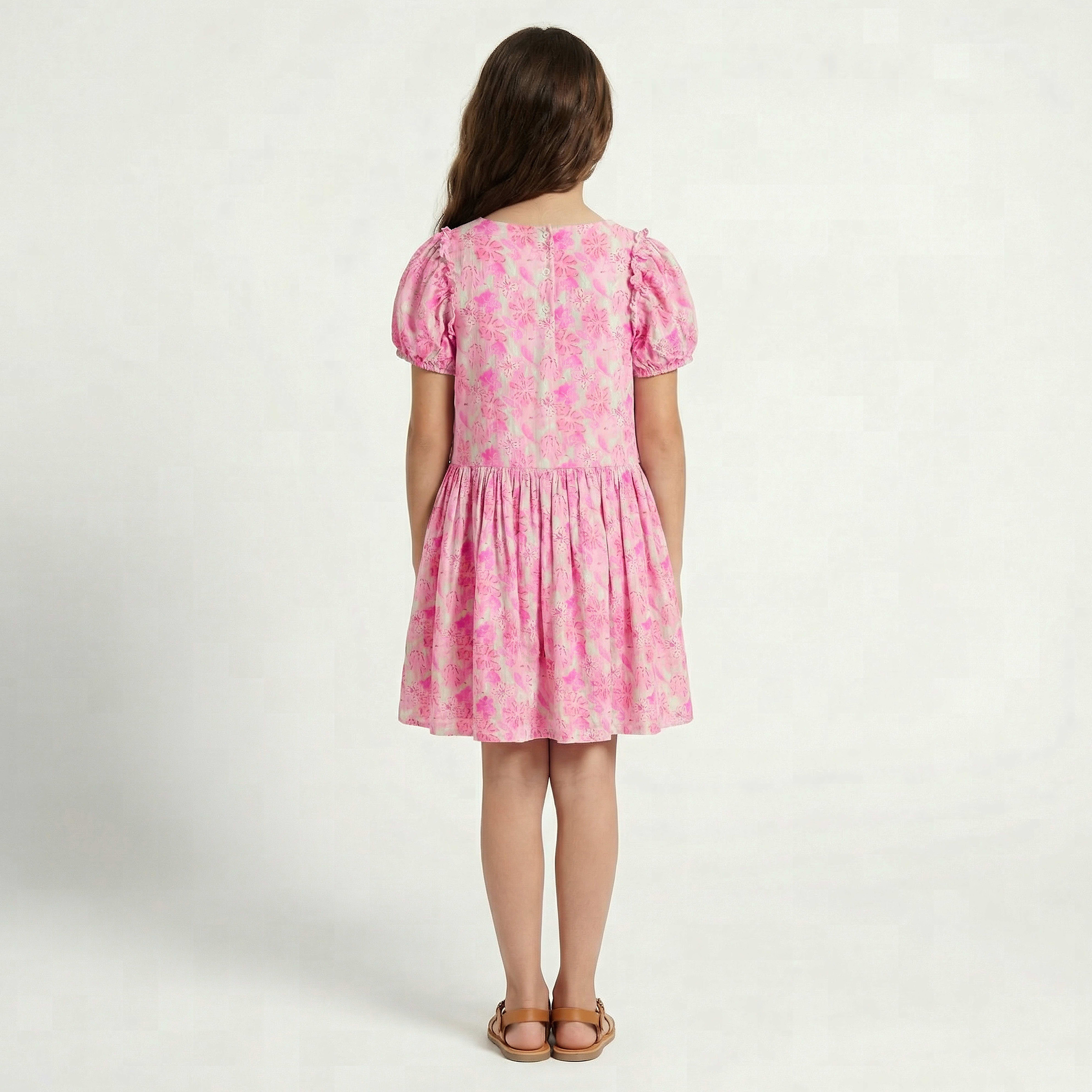 Juniors V- Neck Short Sleeves Dropwaist Dress with Floral Print and Ruffles-girls-clothing-dressesandjumpsuits-image-3