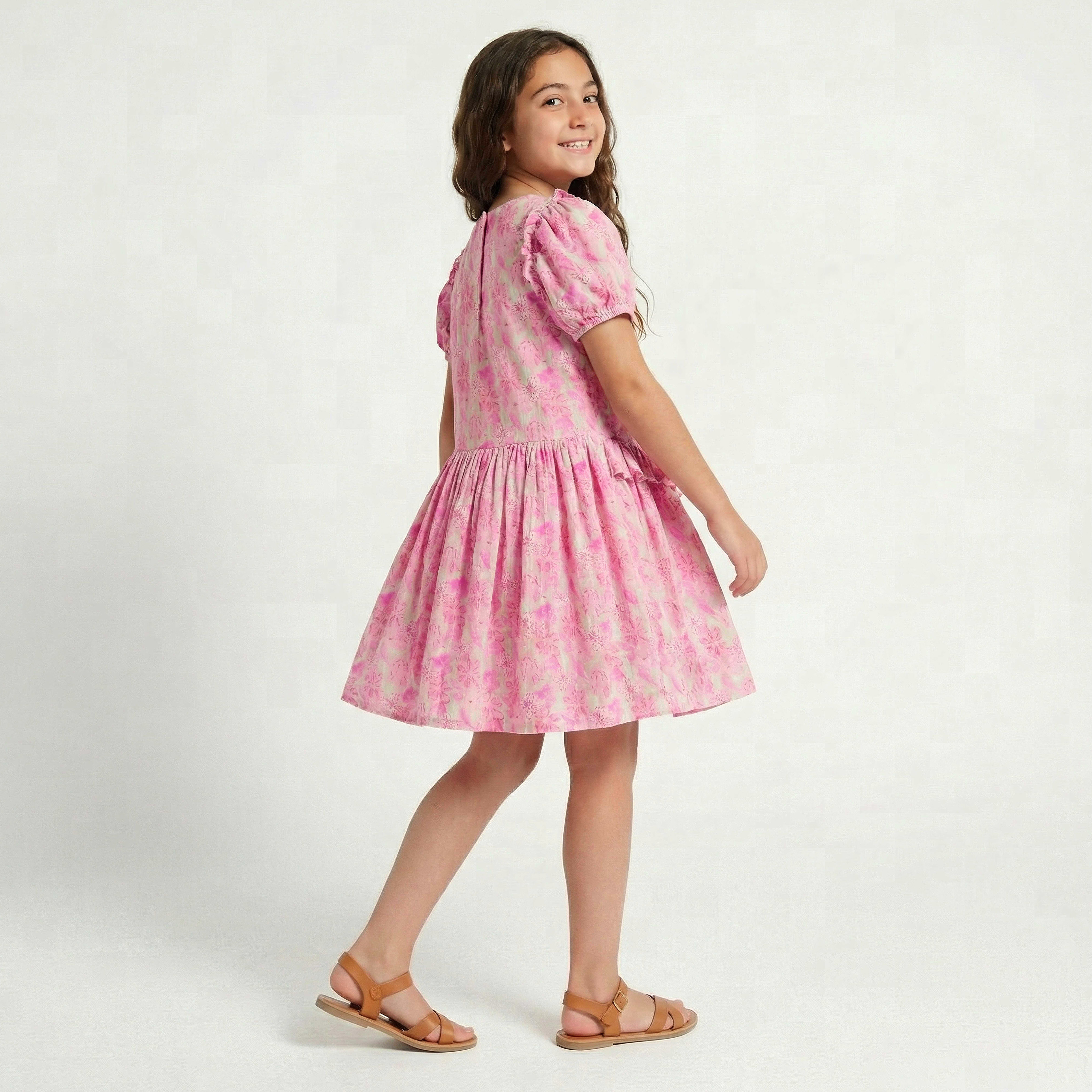 Juniors V- Neck Short Sleeves Dropwaist Dress with Floral Print and Ruffles-girls-clothing-dressesandjumpsuits-image-5