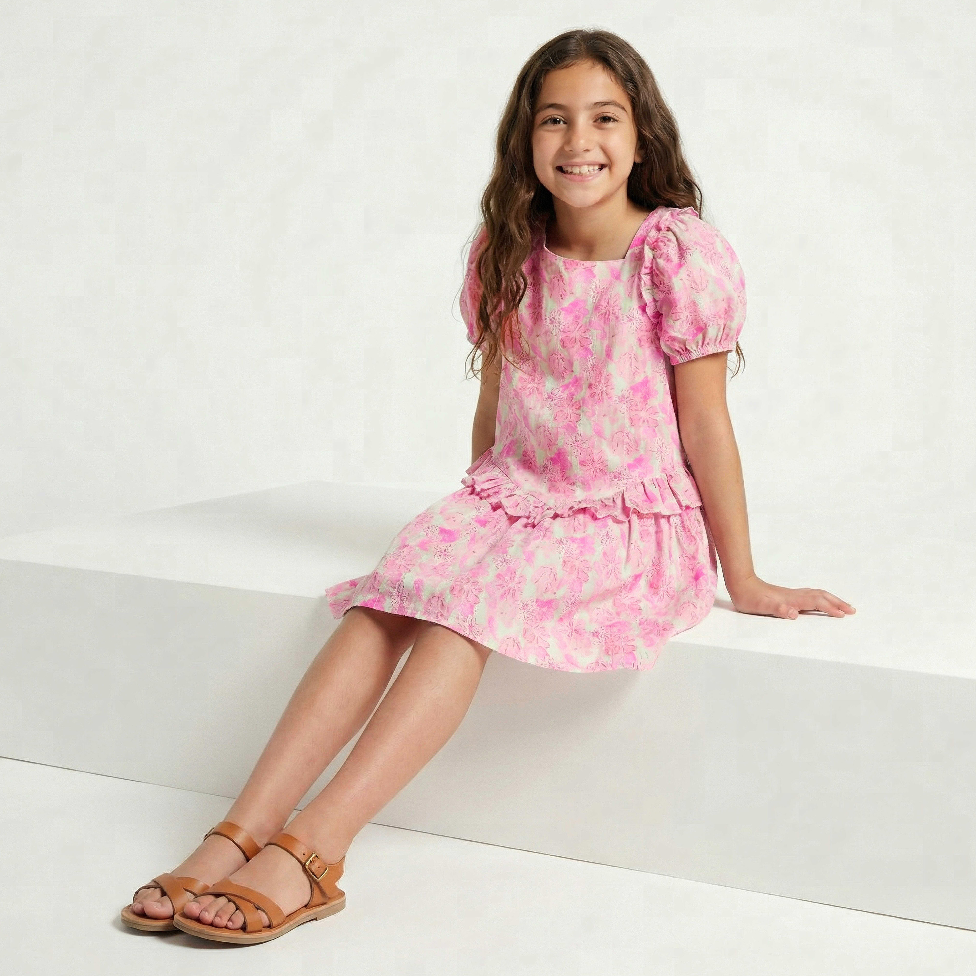 Juniors V- Neck Short Sleeves Dropwaist Dress with Floral Print and Ruffles-girls-clothing-dressesandjumpsuits-image-6