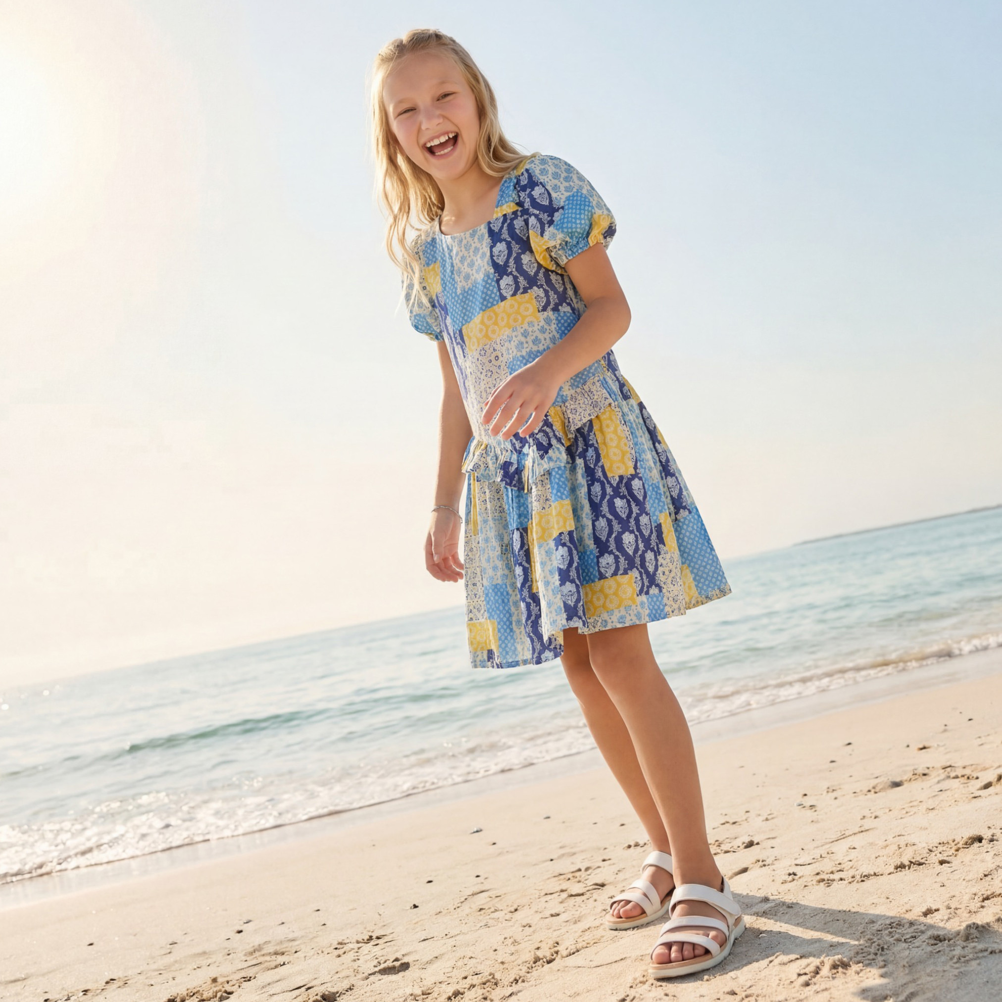 Juniors V-Neck Short Sleeves Dropwaist Dress with Patchwork Print and Ruffles-girls-clothing-dressesandjumpsuits-image-1