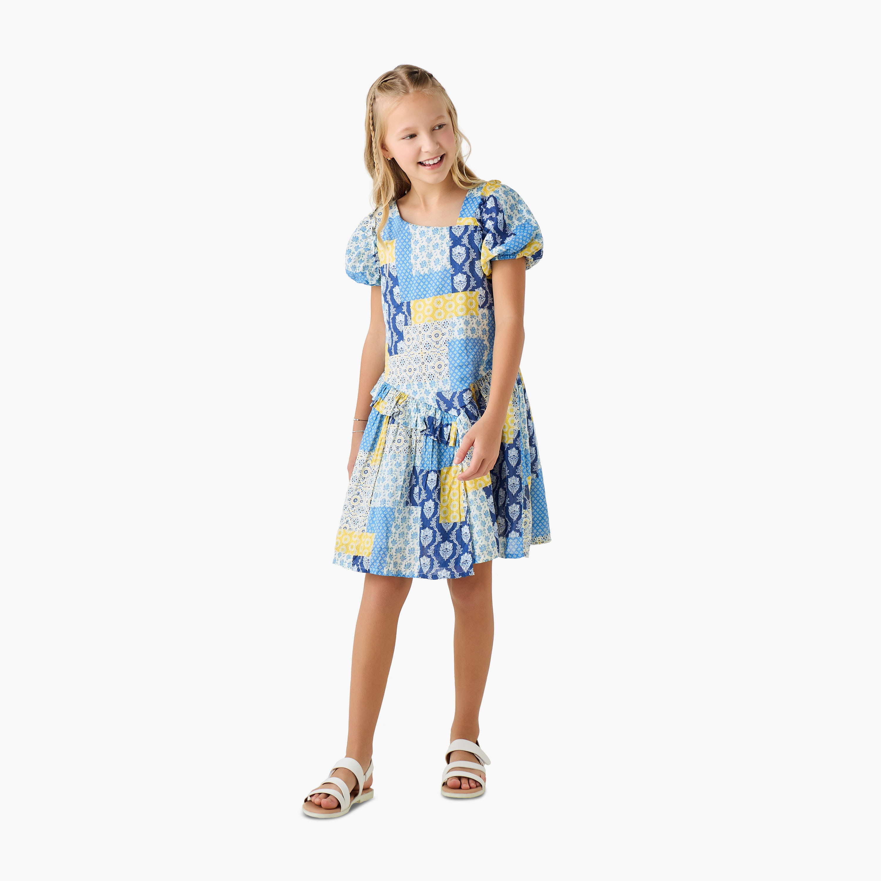 Juniors V-Neck Short Sleeves Dropwaist Dress with Patchwork Print and Ruffles-girls-clothing-dressesandjumpsuits-image-2