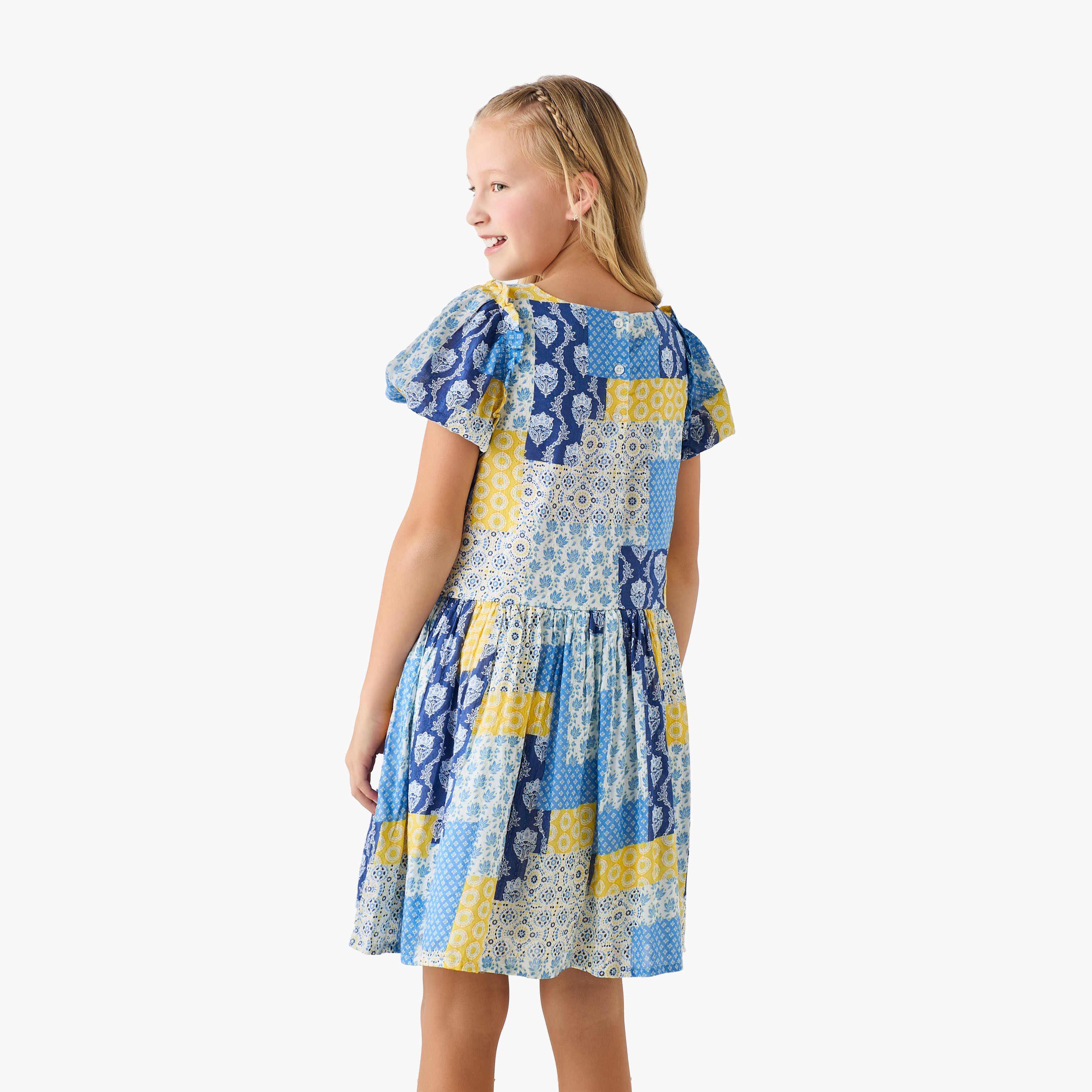 Juniors V-Neck Short Sleeves Dropwaist Dress with Patchwork Print and Ruffles-girls-clothing-dressesandjumpsuits-image-3
