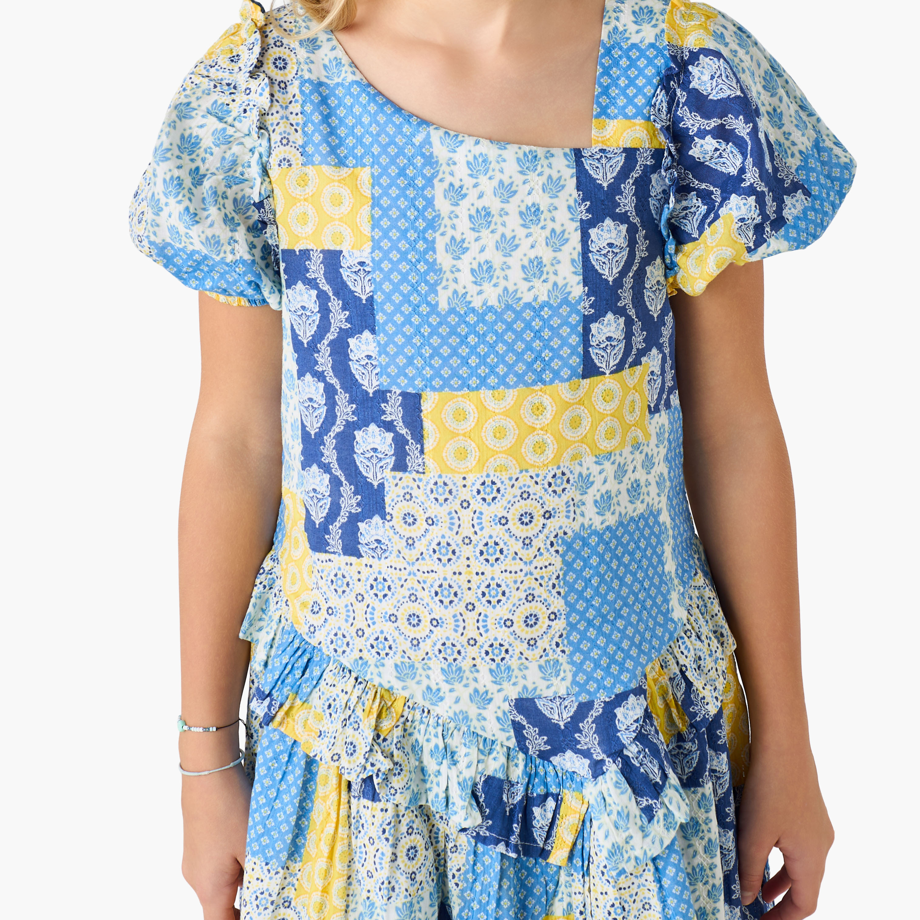 Juniors V-Neck Short Sleeves Dropwaist Dress with Patchwork Print and Ruffles-girls-clothing-dressesandjumpsuits-image-4