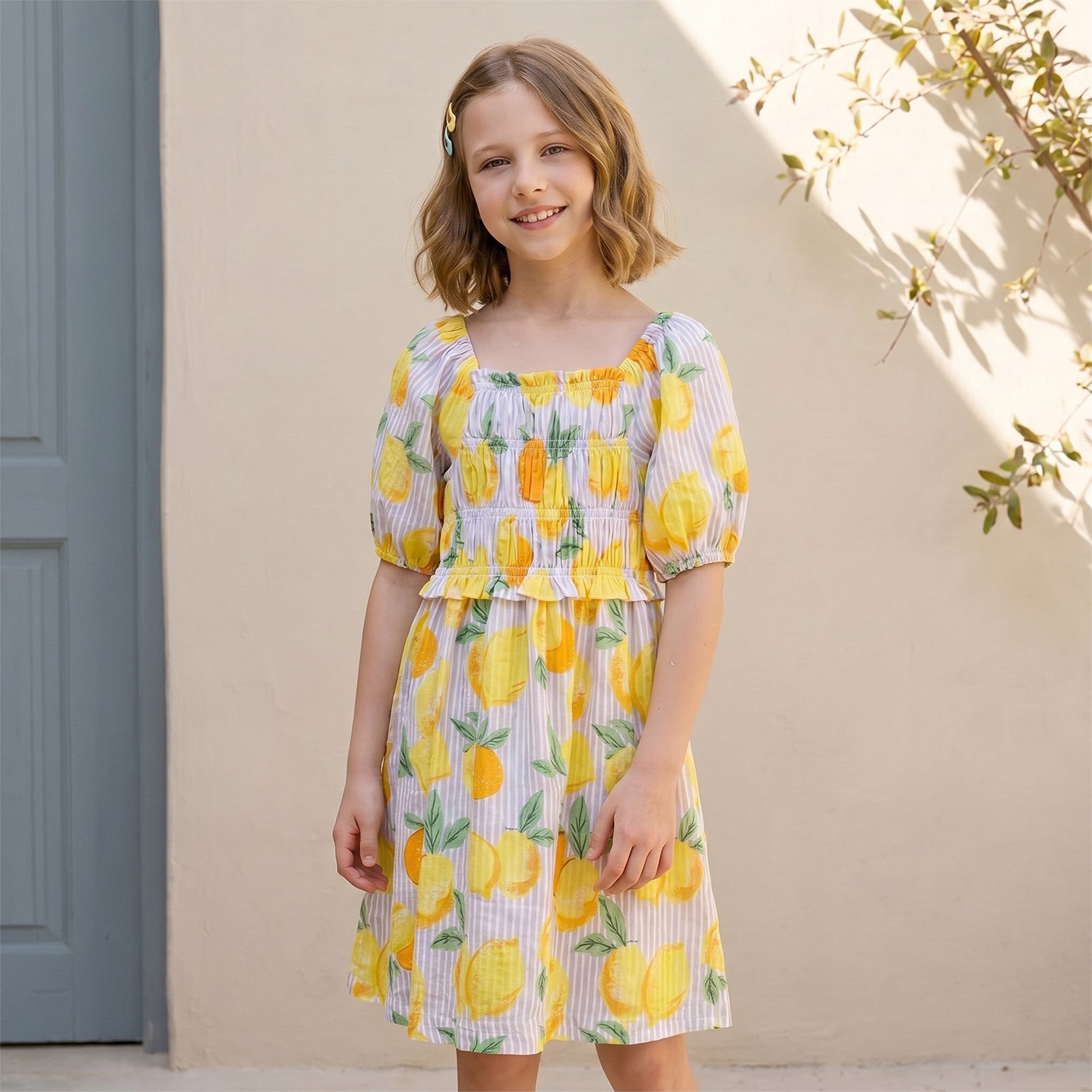 Juniors Square Neck Short Sleeves Knee Length A-line Dress with Lemon Print-girls-clothing-dressesandjumpsuits-image-1
