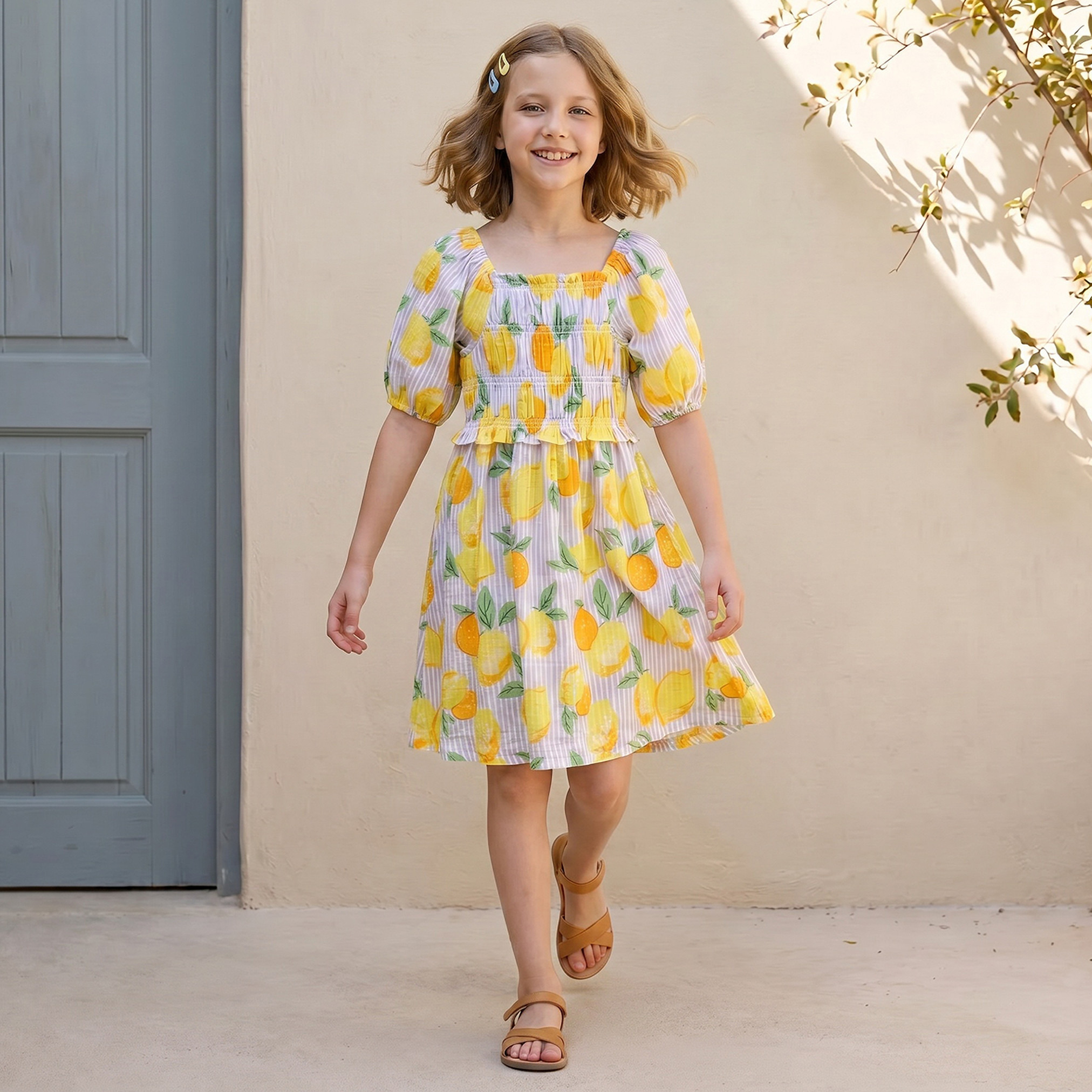 Juniors Square Neck Short Sleeves Knee Length A-line Dress with Lemon Print-girls-clothing-dressesandjumpsuits-image-2