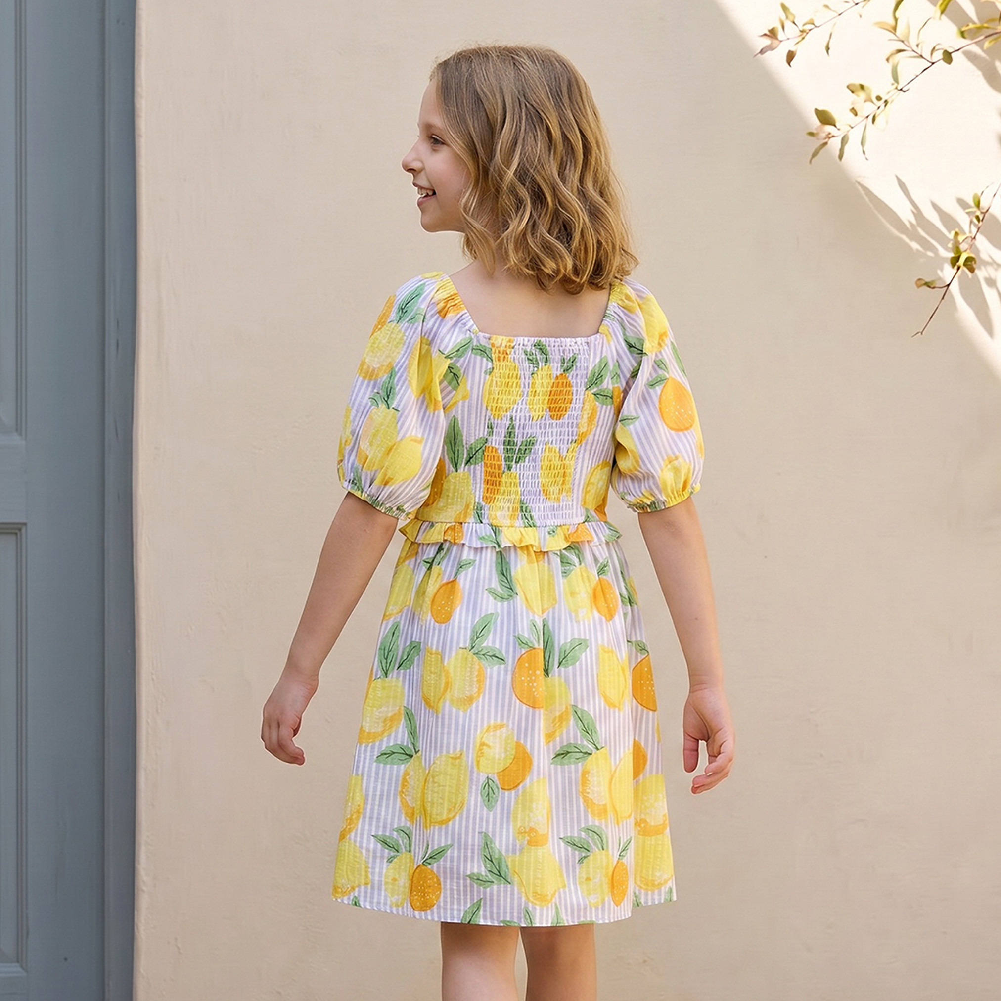 Juniors Square Neck Short Sleeves Knee Length A-line Dress with Lemon Print-girls-clothing-dressesandjumpsuits-image-3
