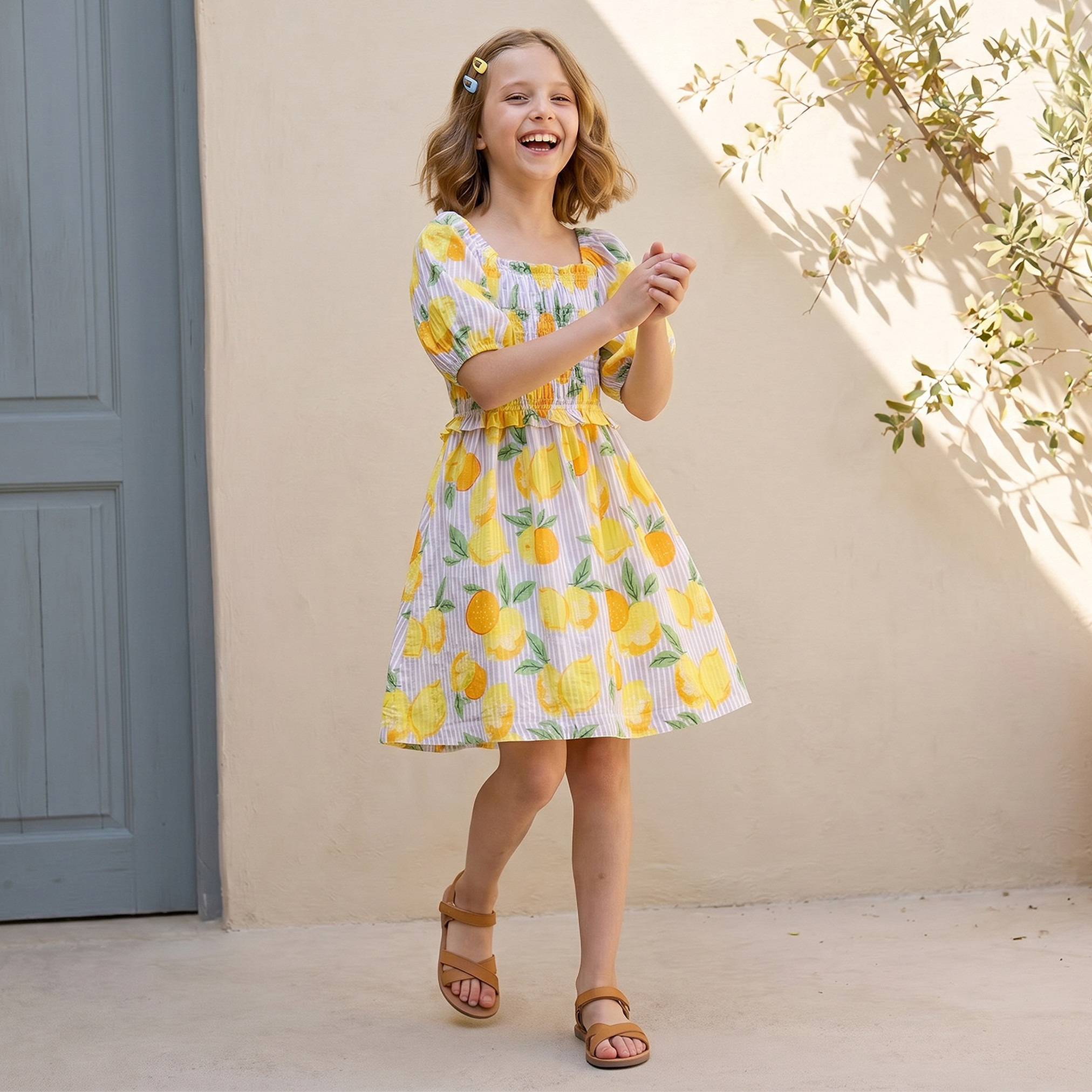 Juniors Square Neck Short Sleeves Knee Length A-line Dress with Lemon Print-girls-clothing-dressesandjumpsuits-image-5