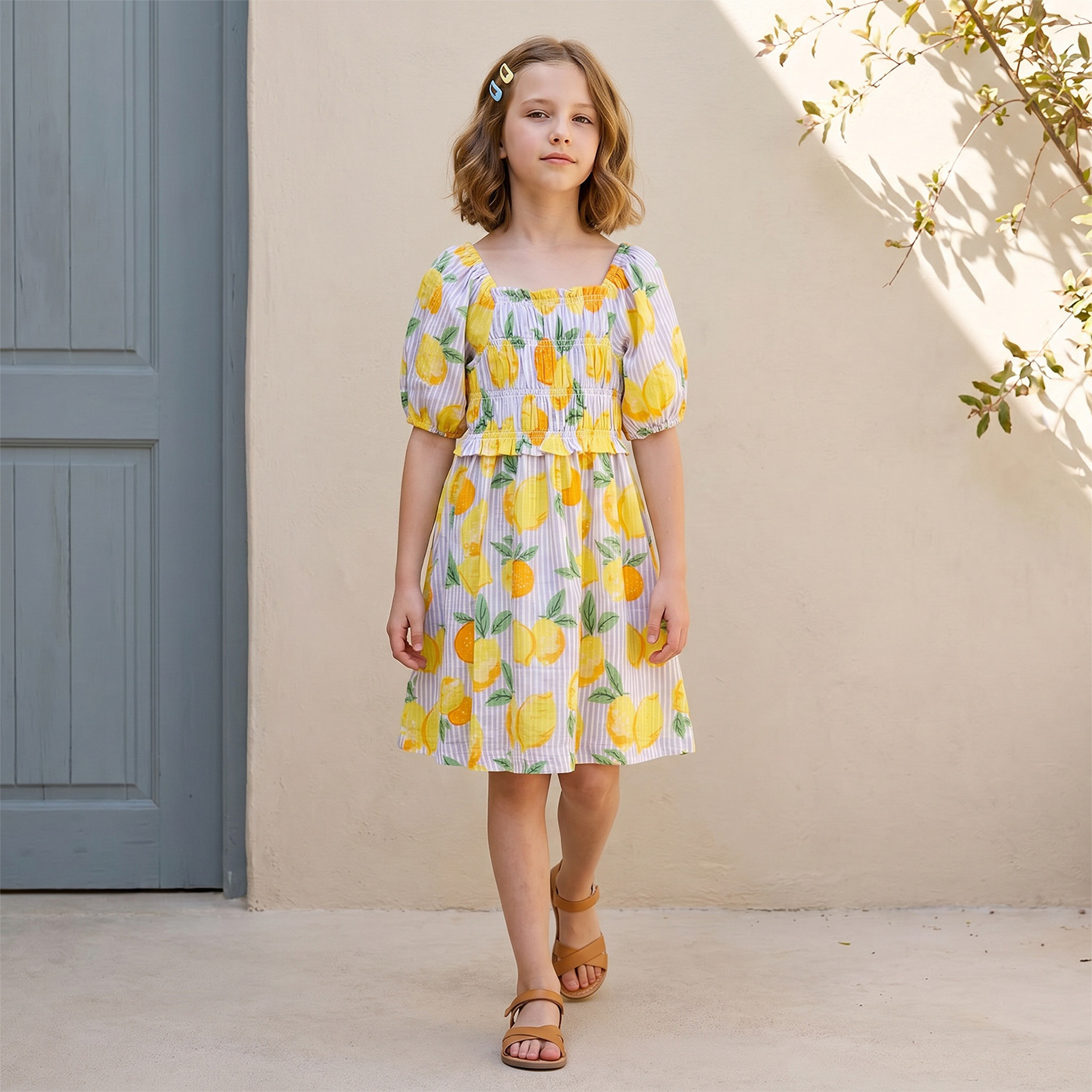 Juniors Square Neck Short Sleeves Knee Length A-line Dress with Lemon Print-girls-clothing-dressesandjumpsuits-image-6