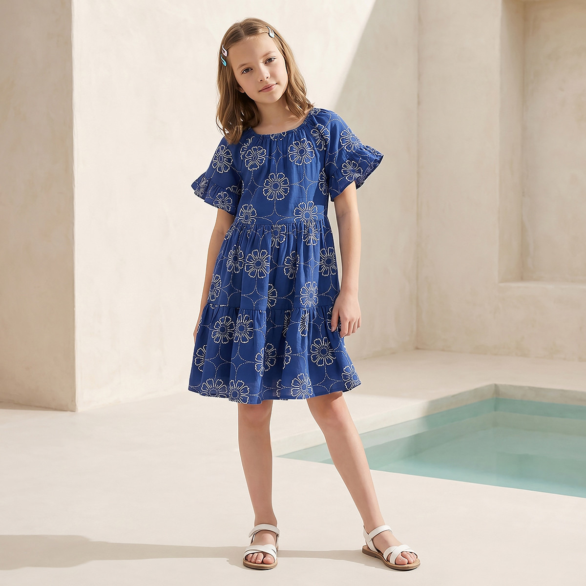 Juniors Round Neck Short Sleeves Knee Length A-line Dress with Floral Print-girls-clothing-dressesandjumpsuits-image-1